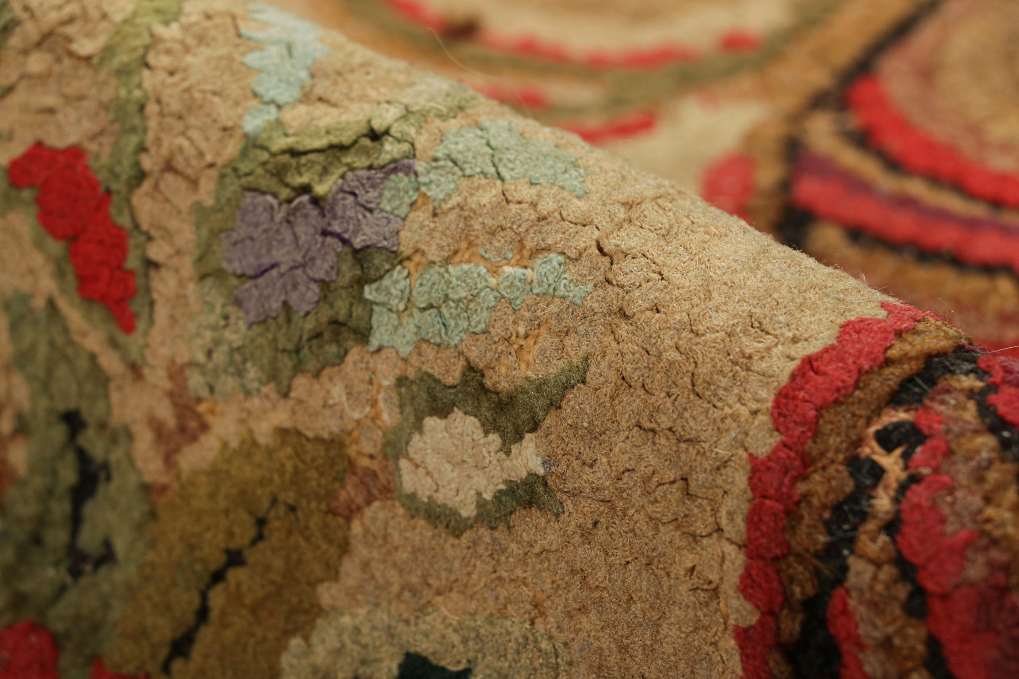 Antique Hooked Rug in Beige-Brown with Colorful Floral Medallion  Rug & Kilim For Sale 1