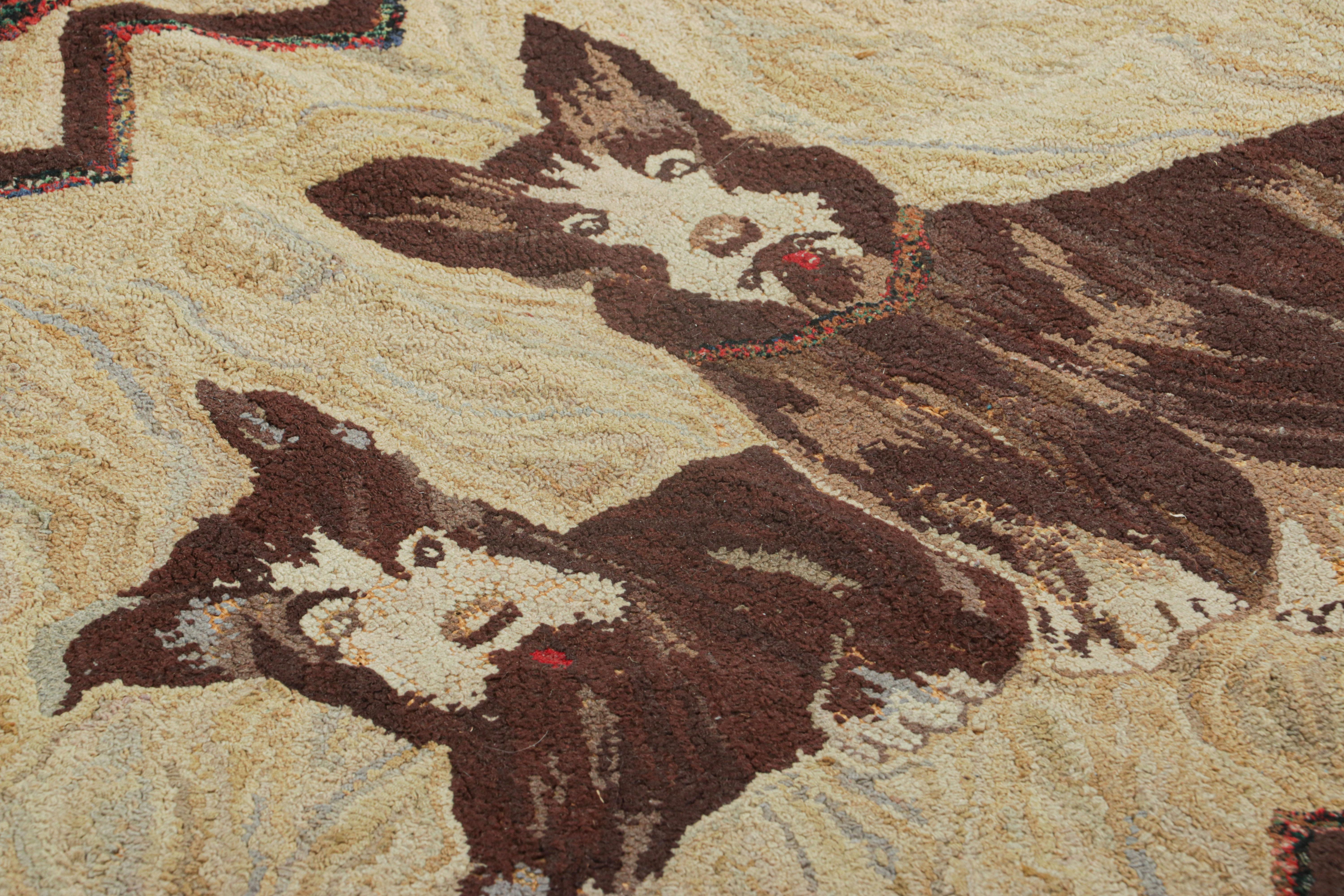 Handmade in wool and originating circa 1920-1930, this 2x4 rug is a rare and exciting new curation in Rug & Kilim’s collection of antique hooked rugs. 

On the Design: 

This hooked rug features a playful pictorial design with two dogs in hues of