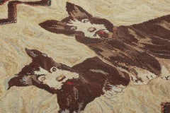 Antique Hooked Rug in Beige-Brown with Dog Pictorials - Rug & Kilim