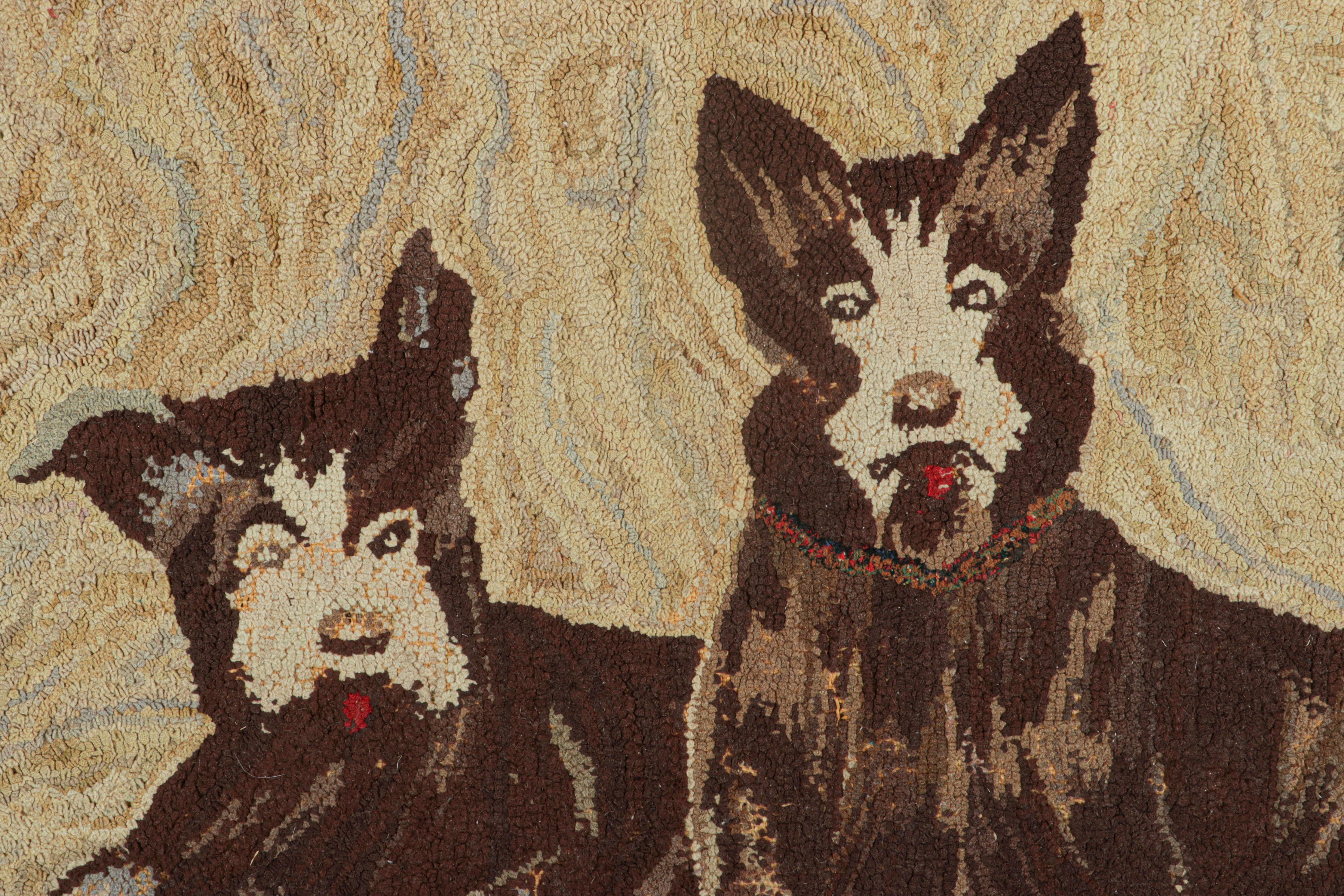 American Antique Hooked Rug in Beige-Brown with Dog Pictorials - Rug & Kilim For Sale