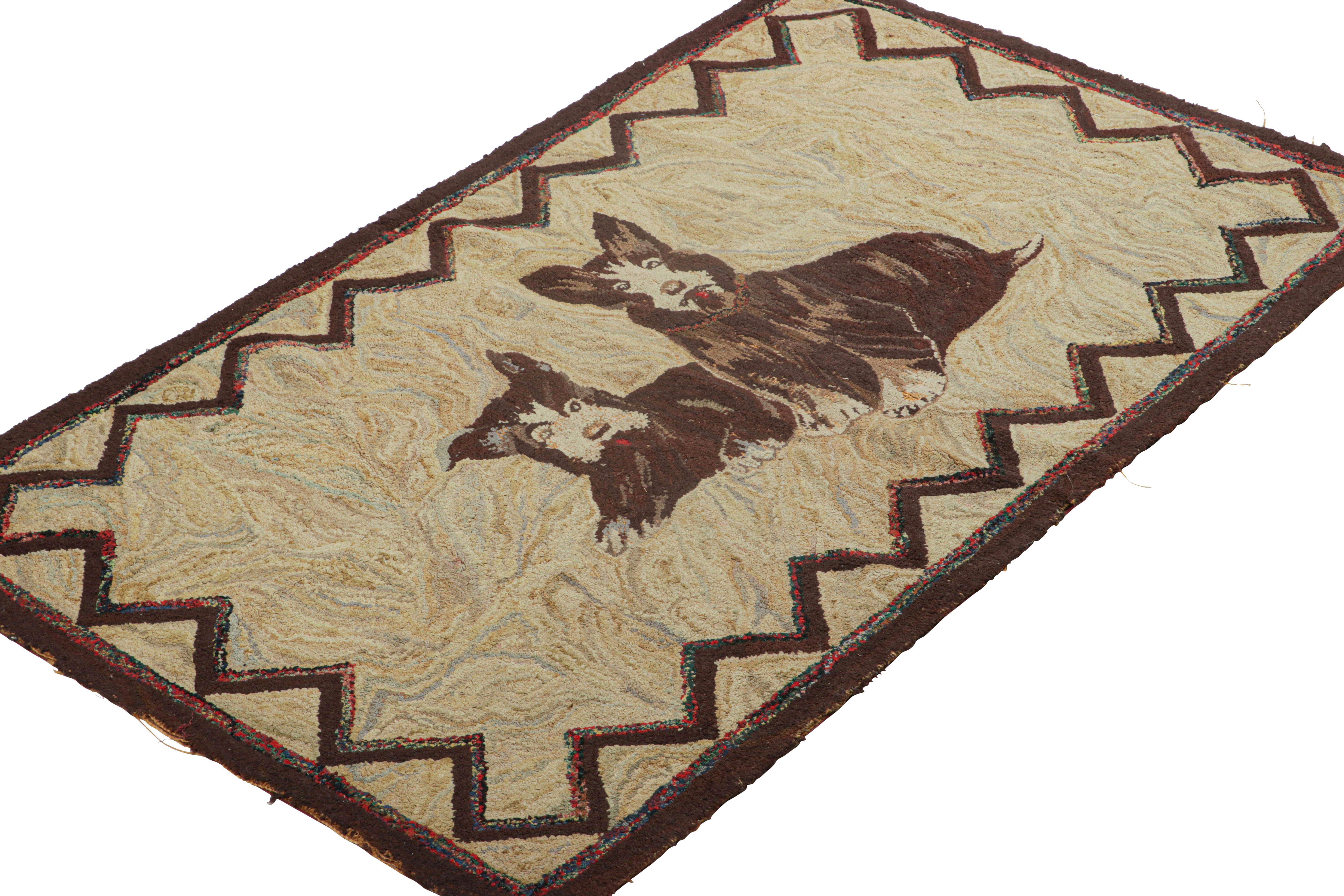 Hand-Knotted Antique Hooked Rug in Beige-Brown with Dog Pictorials - Rug & Kilim For Sale