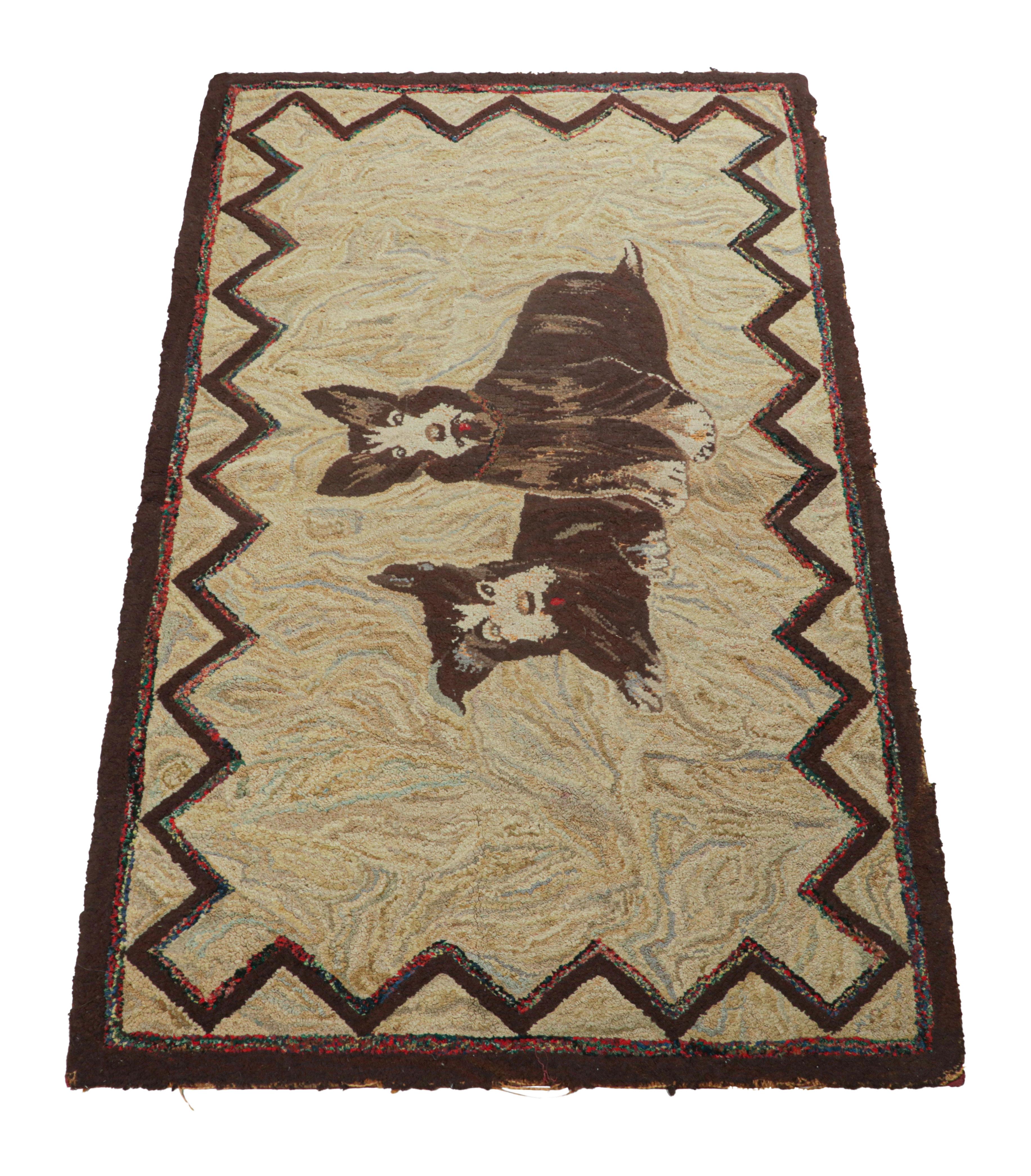 Antique Hooked Rug in Beige-Brown with Dog Pictorials - Rug & Kilim In Good Condition For Sale In Long Island City, NY