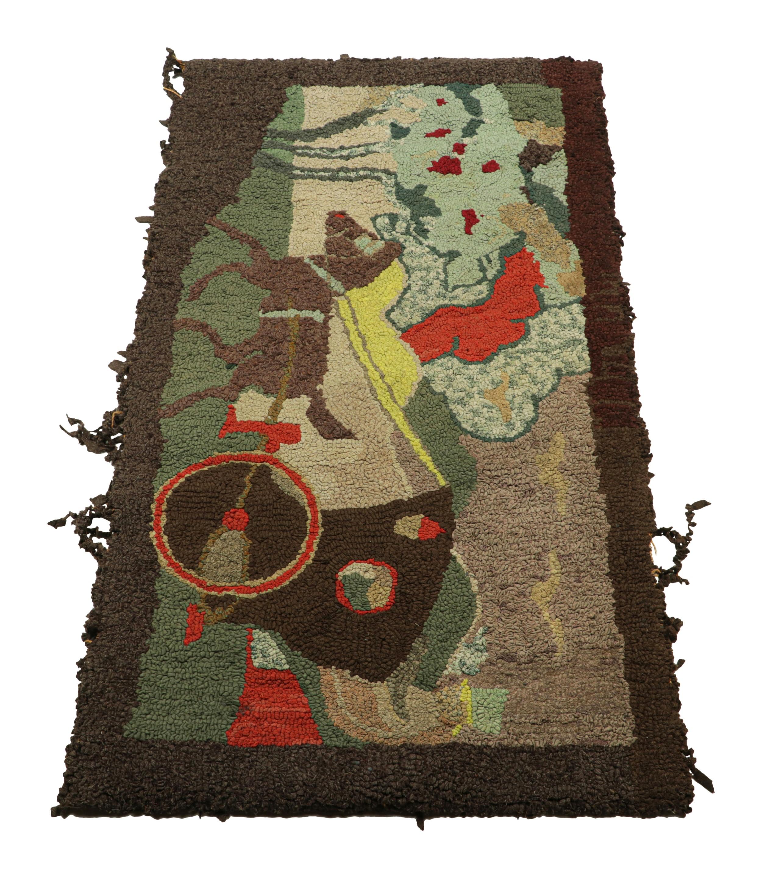 Antique Hooked Rug in Beige-Brown with Horse Pictorial Patterns  Rug & Kilim In Good Condition For Sale In Long Island City, NY