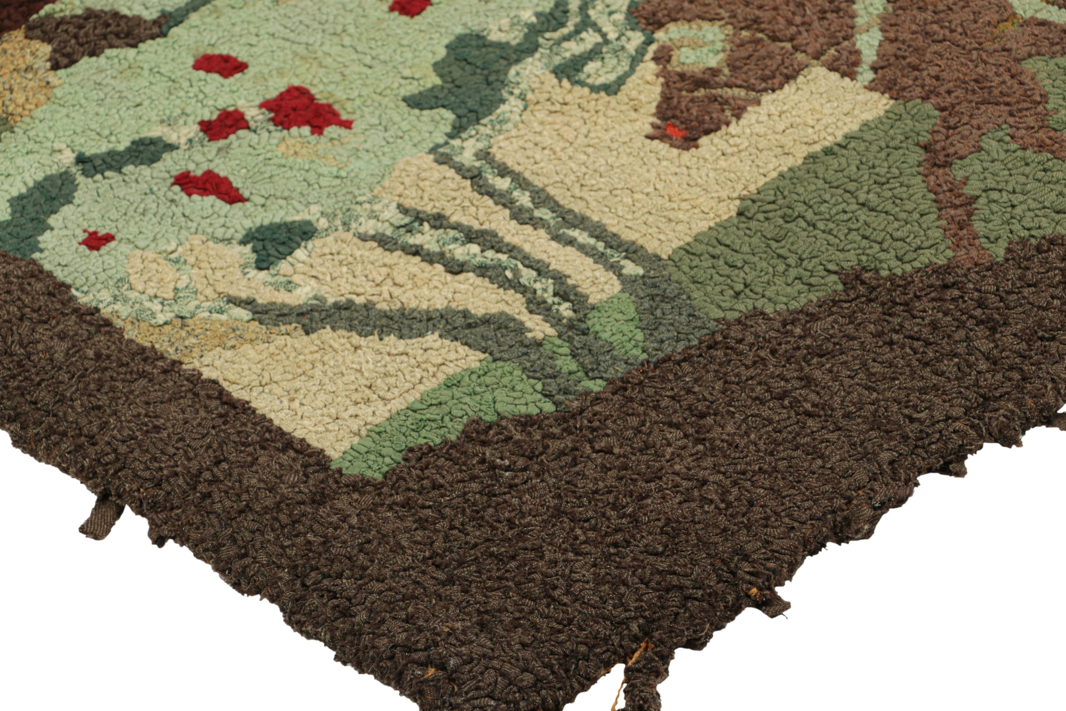 Early 20th Century Antique Hooked Rug in Beige-Brown with Horse Pictorial Patterns  Rug & Kilim For Sale