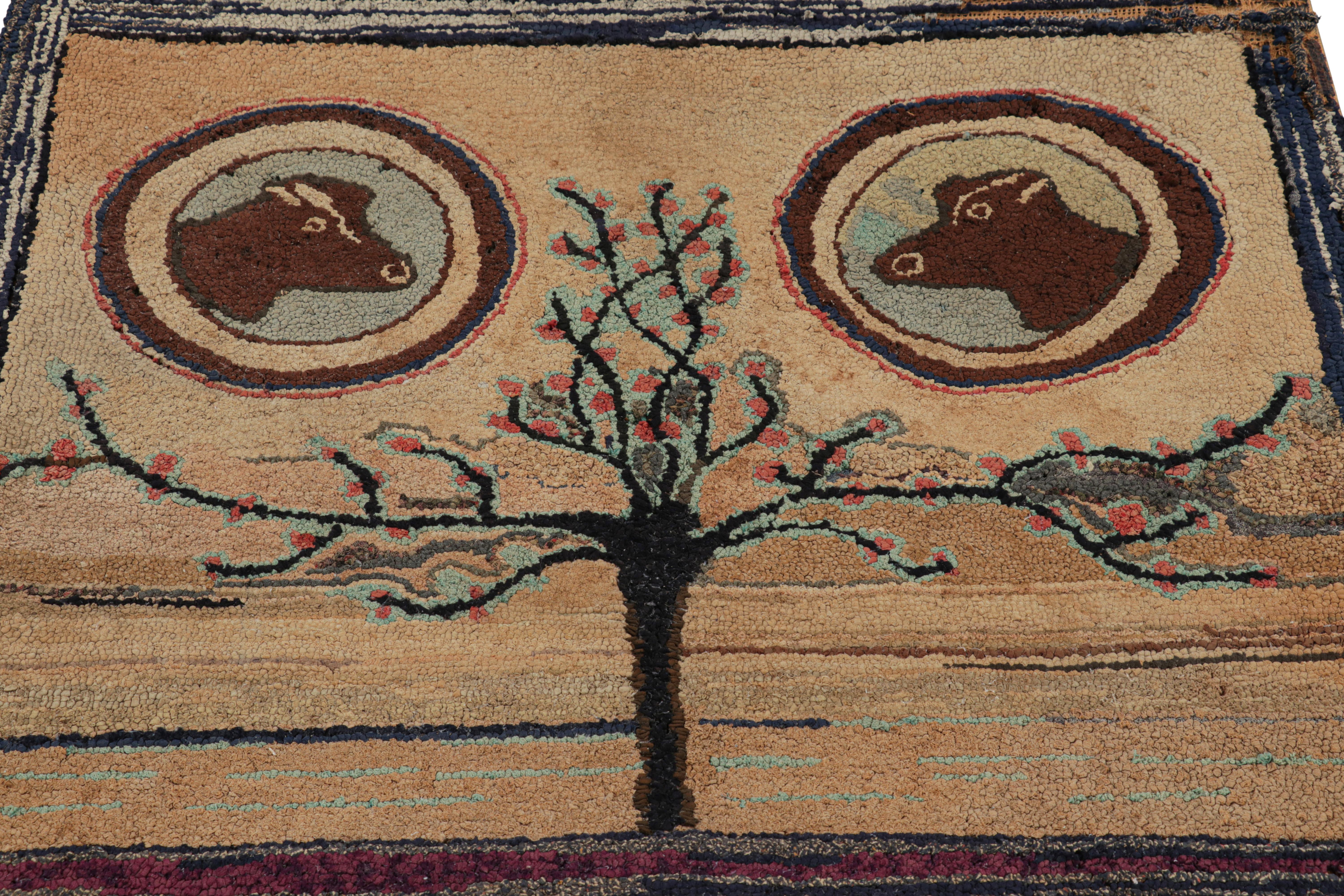 Handmade in wool and originating circa 1920-1930, this 3x4 rug is a rare and exciting new curation in Rug & Kilim’s collection of antique hooked rugs. 

On the Design: 

Admirers of the craft will appreciate this piece as one of the most spacious