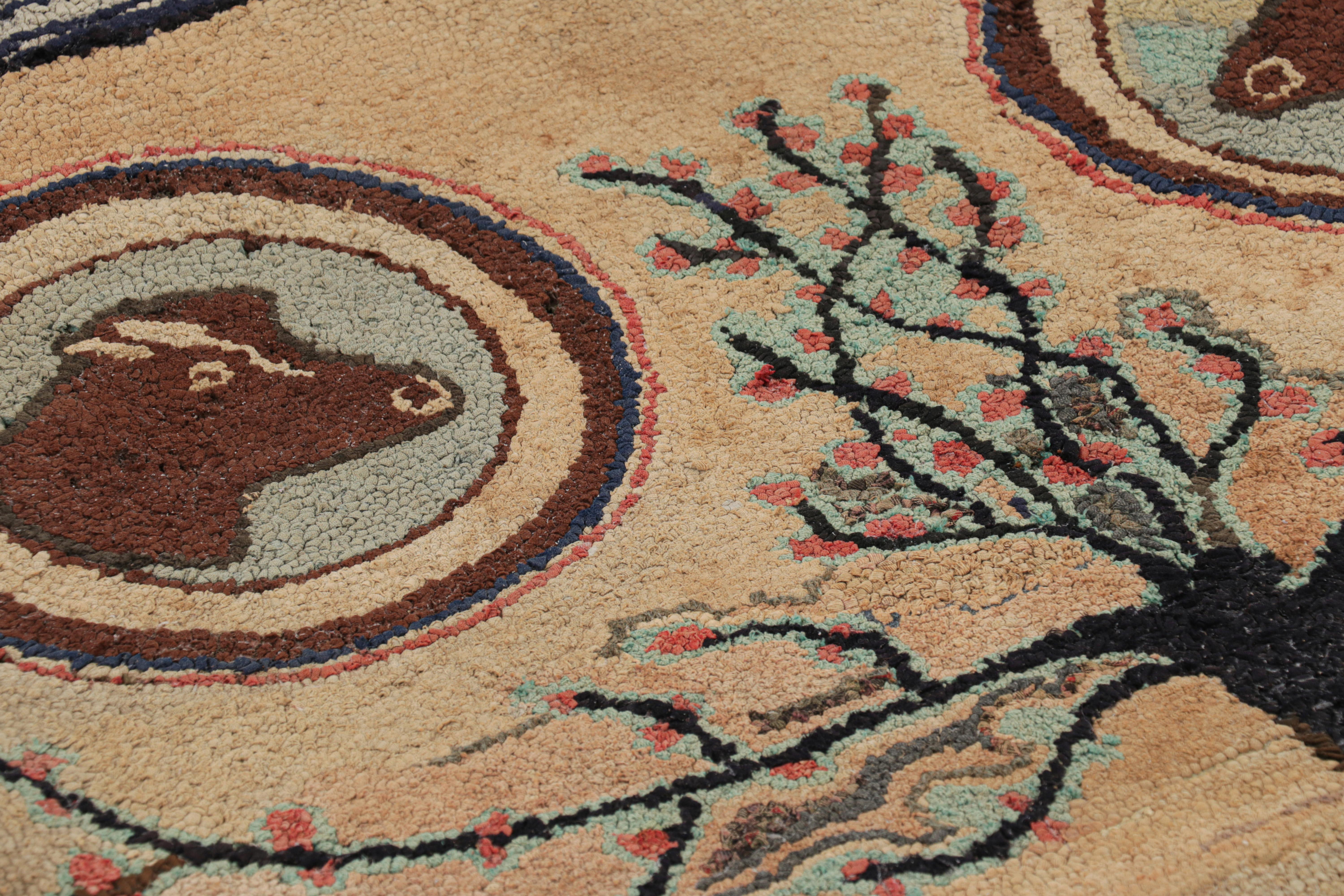 American Antique Hooked Rug in Beige-Brown with Tree & Animal Pictorials from Rug & Kilim For Sale