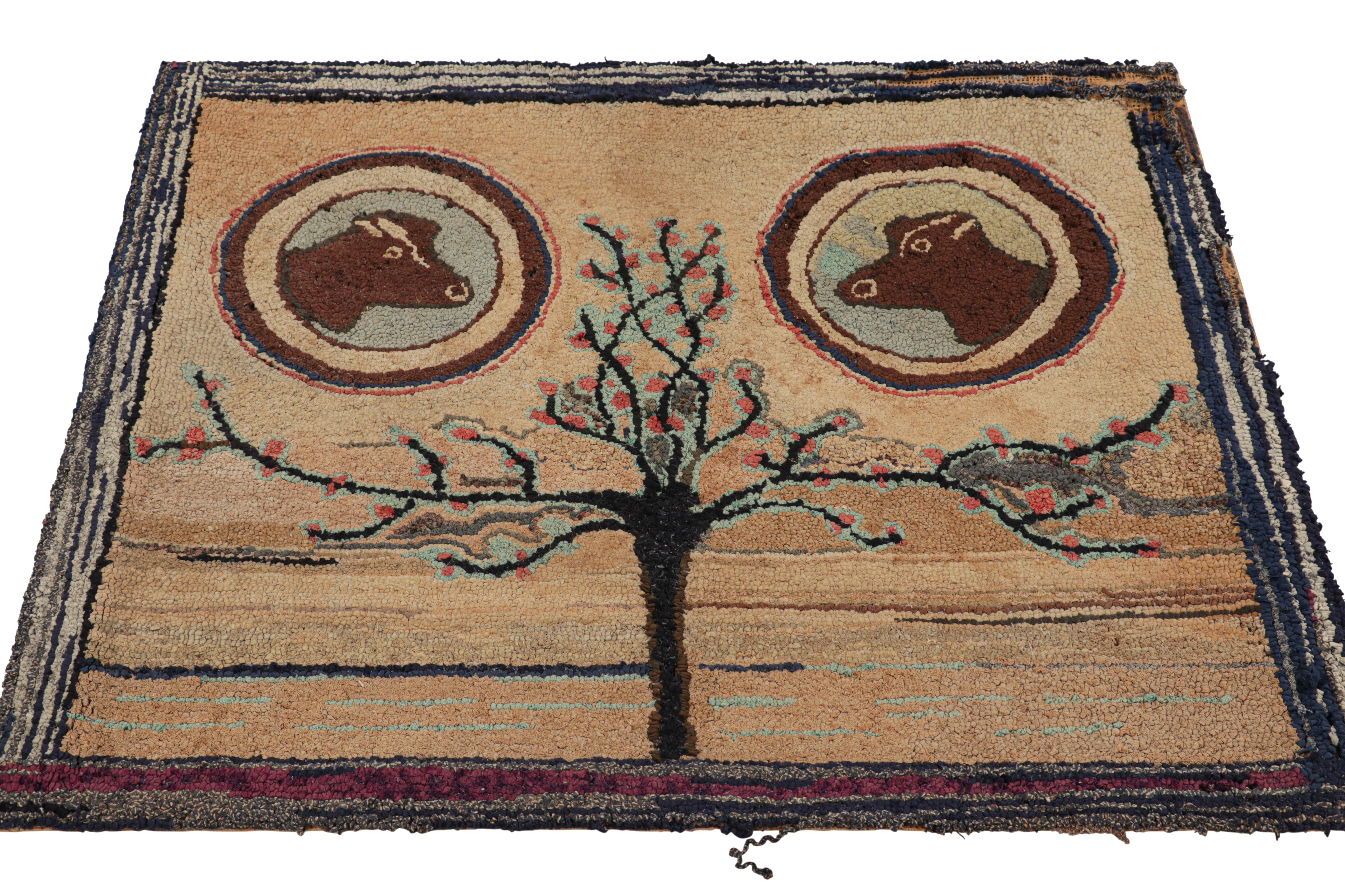 Hand-Knotted Antique Hooked Rug in Beige-Brown with Tree & Animal Pictorials from Rug & Kilim For Sale