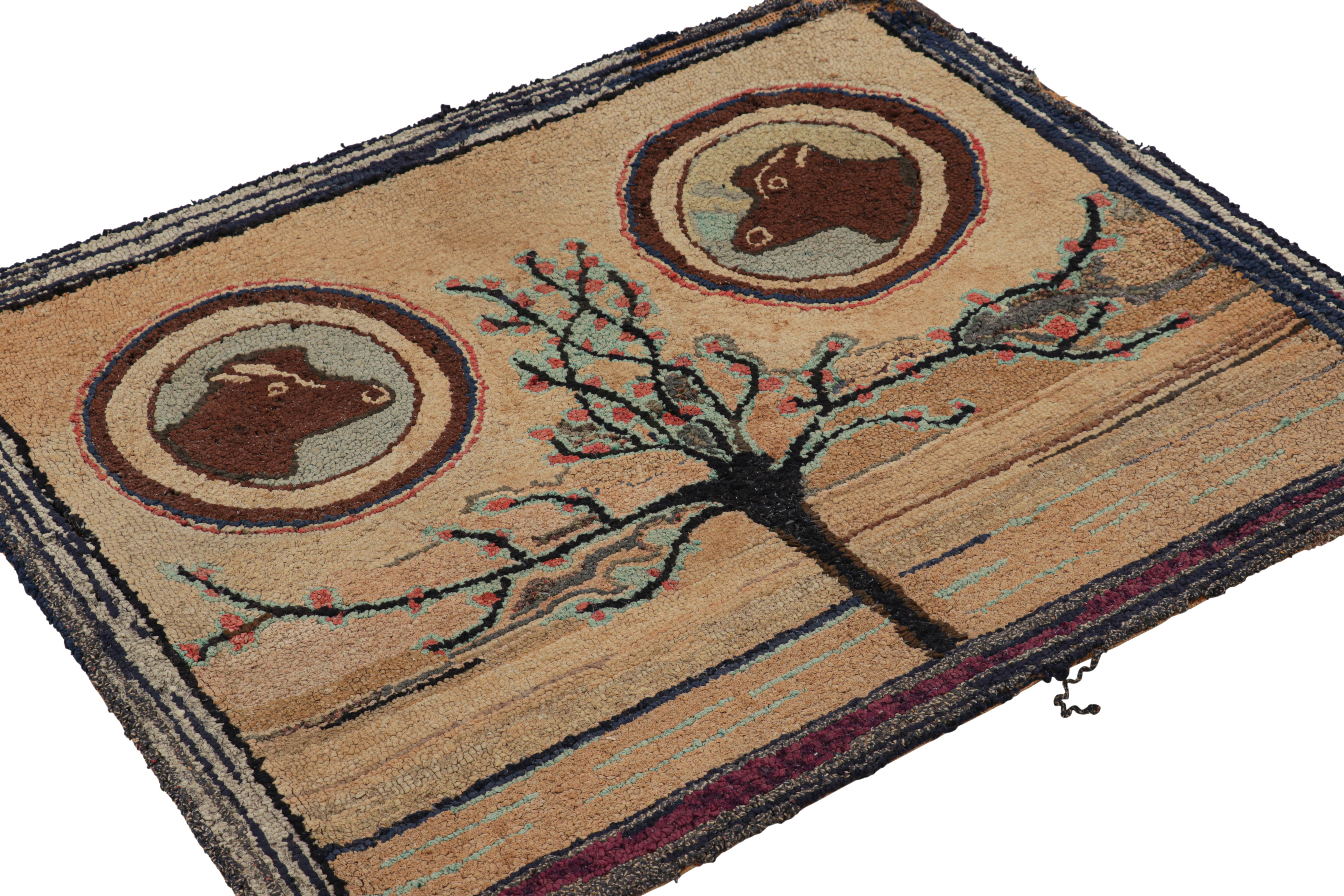 Antique Hooked Rug in Beige-Brown with Tree & Animal Pictorials from Rug & Kilim In Good Condition For Sale In Long Island City, NY
