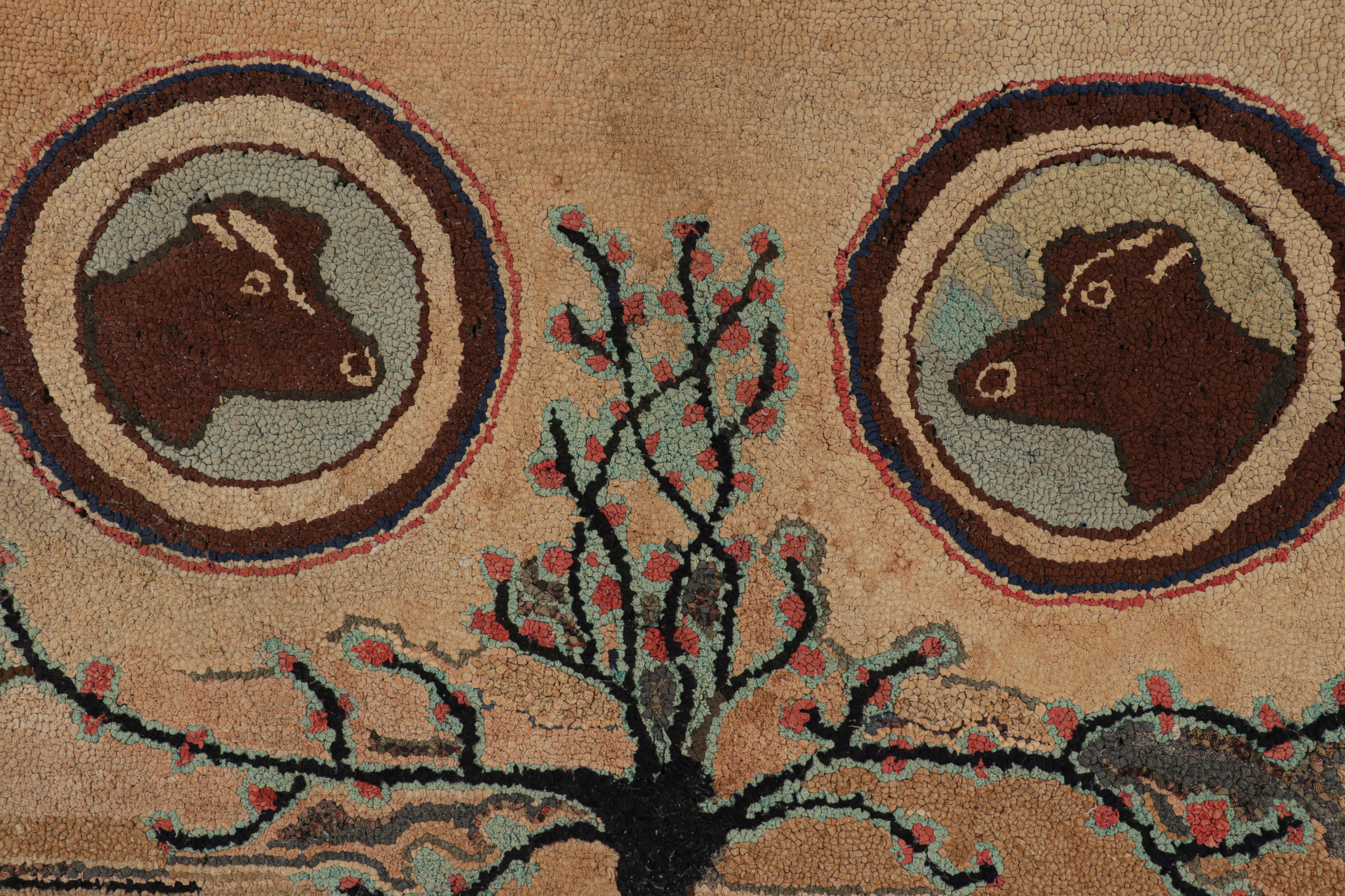 Early 20th Century Antique Hooked Rug in Beige-Brown with Tree & Animal Pictorials from Rug & Kilim For Sale