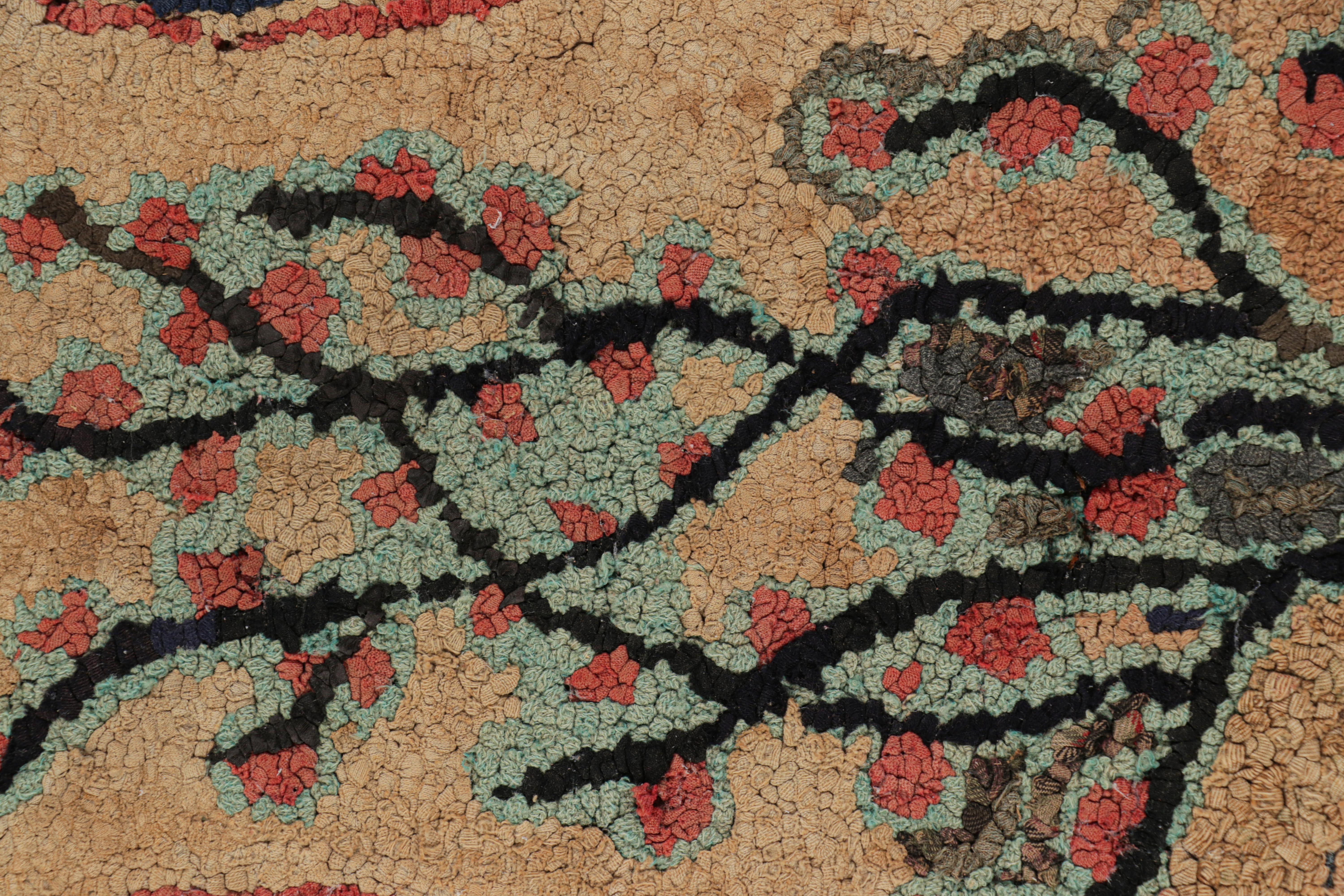Wool Antique Hooked Rug in Beige-Brown with Tree & Animal Pictorials from Rug & Kilim For Sale
