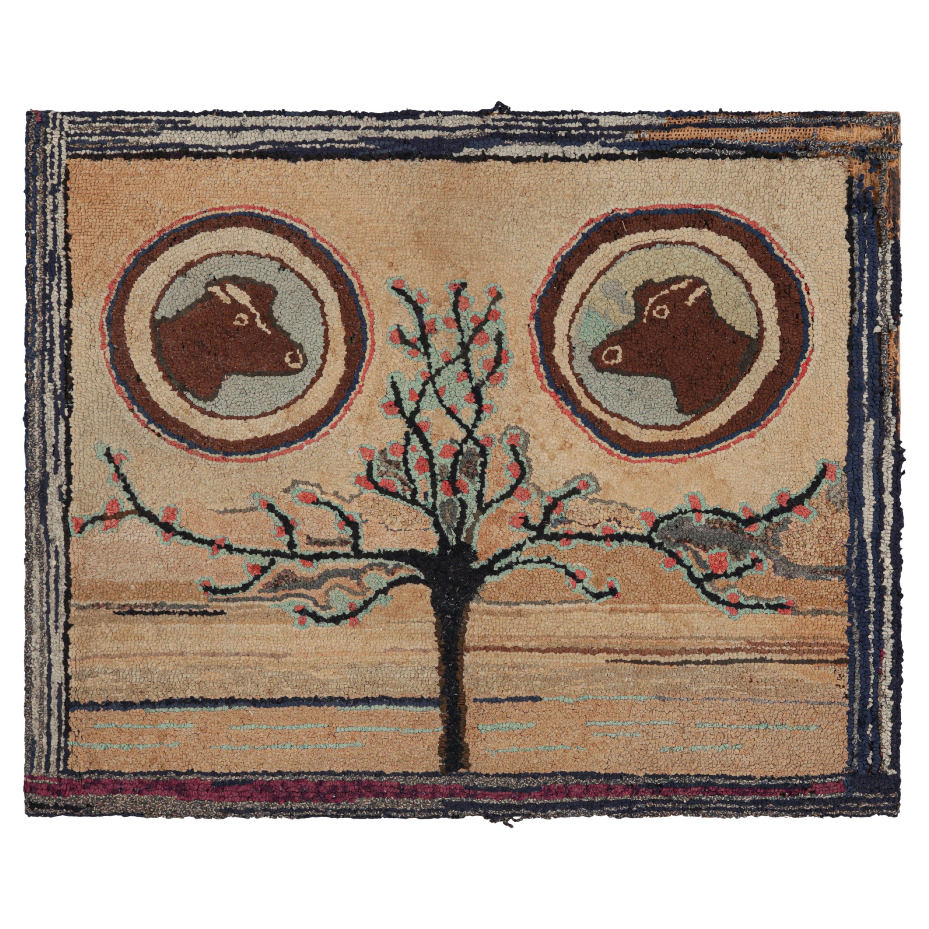 Antique Hooked Rug in Beige-Brown with Tree & Animal Pictorials from Rug & Kilim