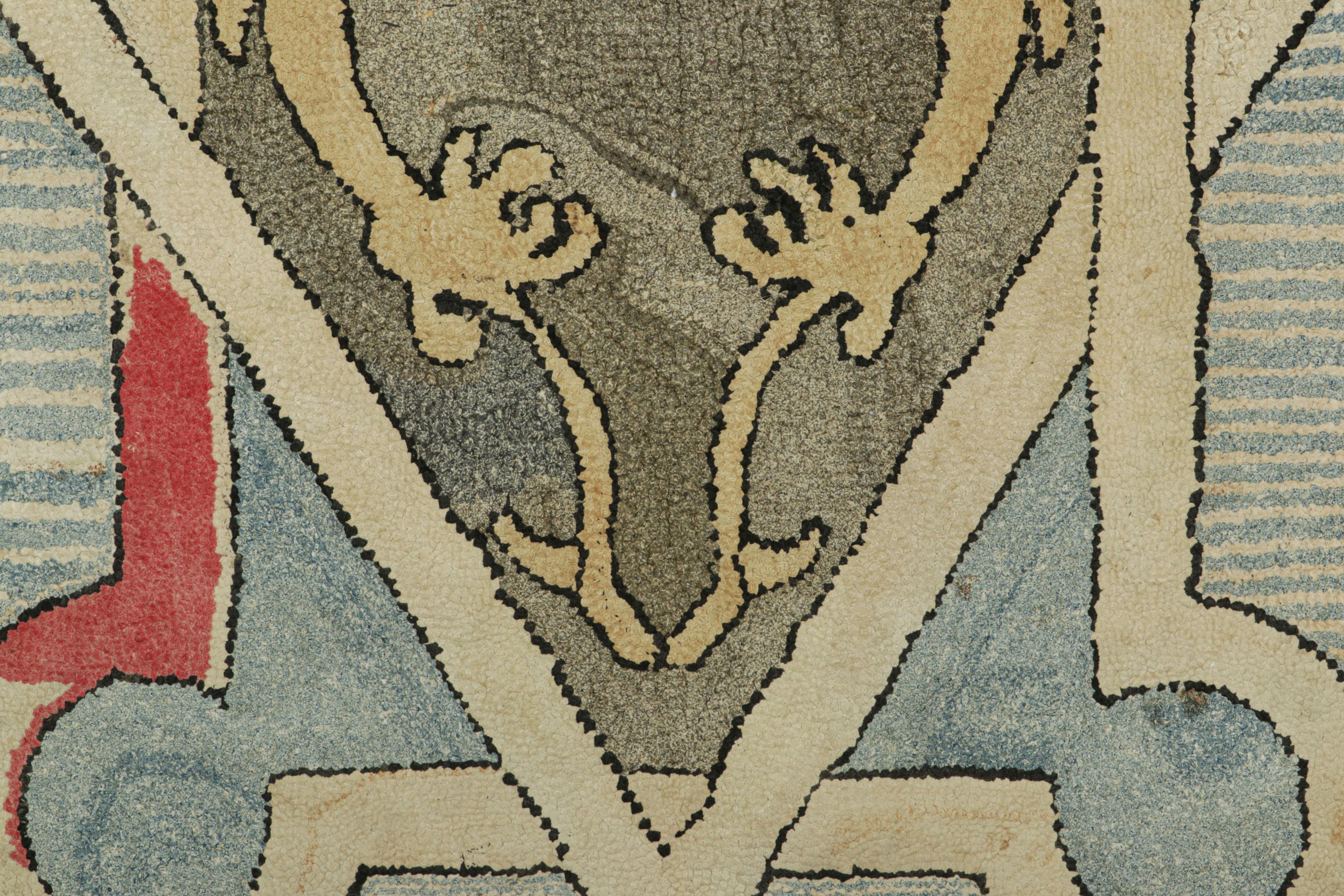 American Antique Hooked Rug in Beige-Cream & Blue with Geometric Medallion  Rug & Kilim