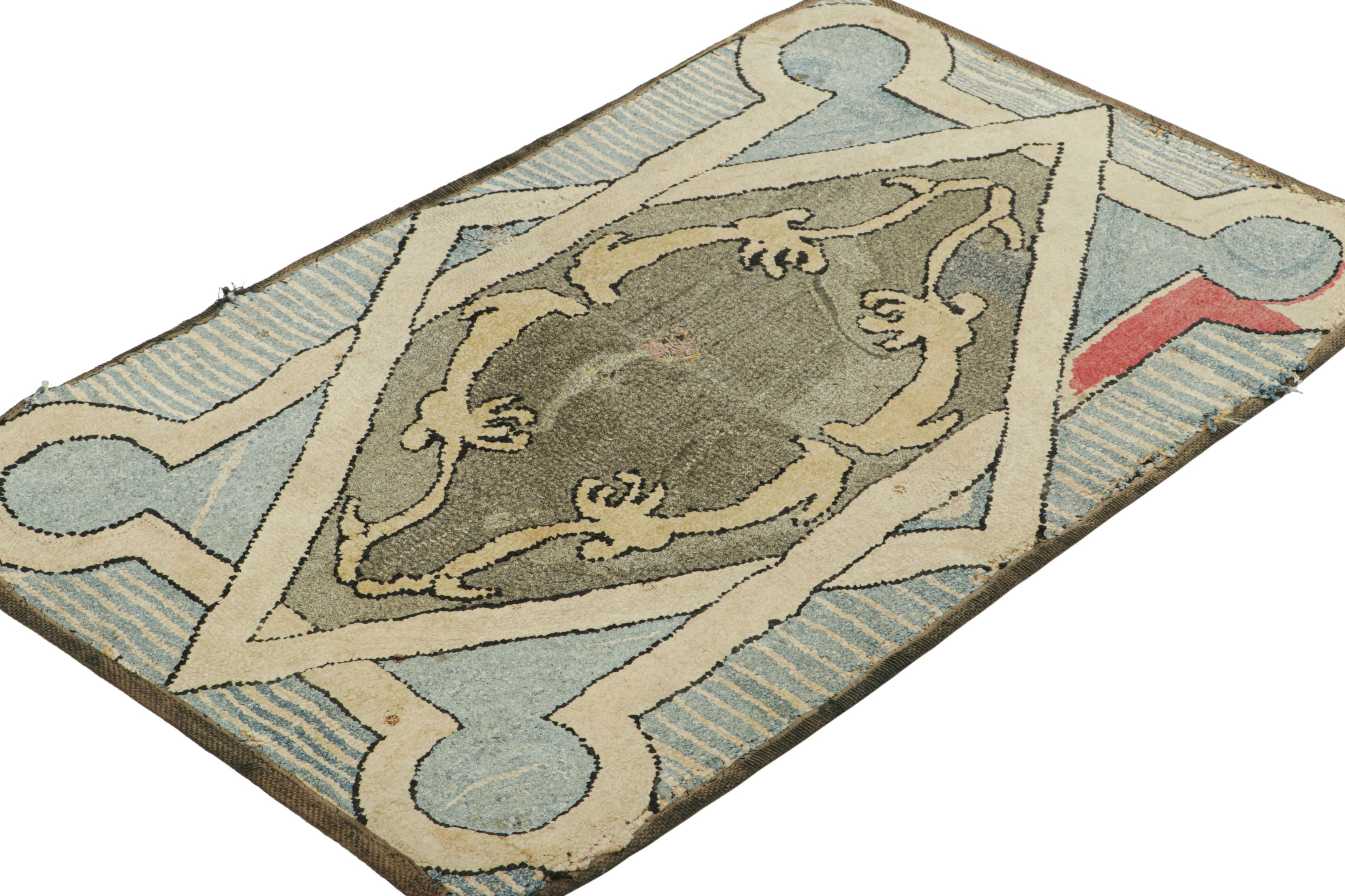 Hand-Knotted Antique Hooked Rug in Beige-Cream & Blue with Geometric Medallion  Rug & Kilim