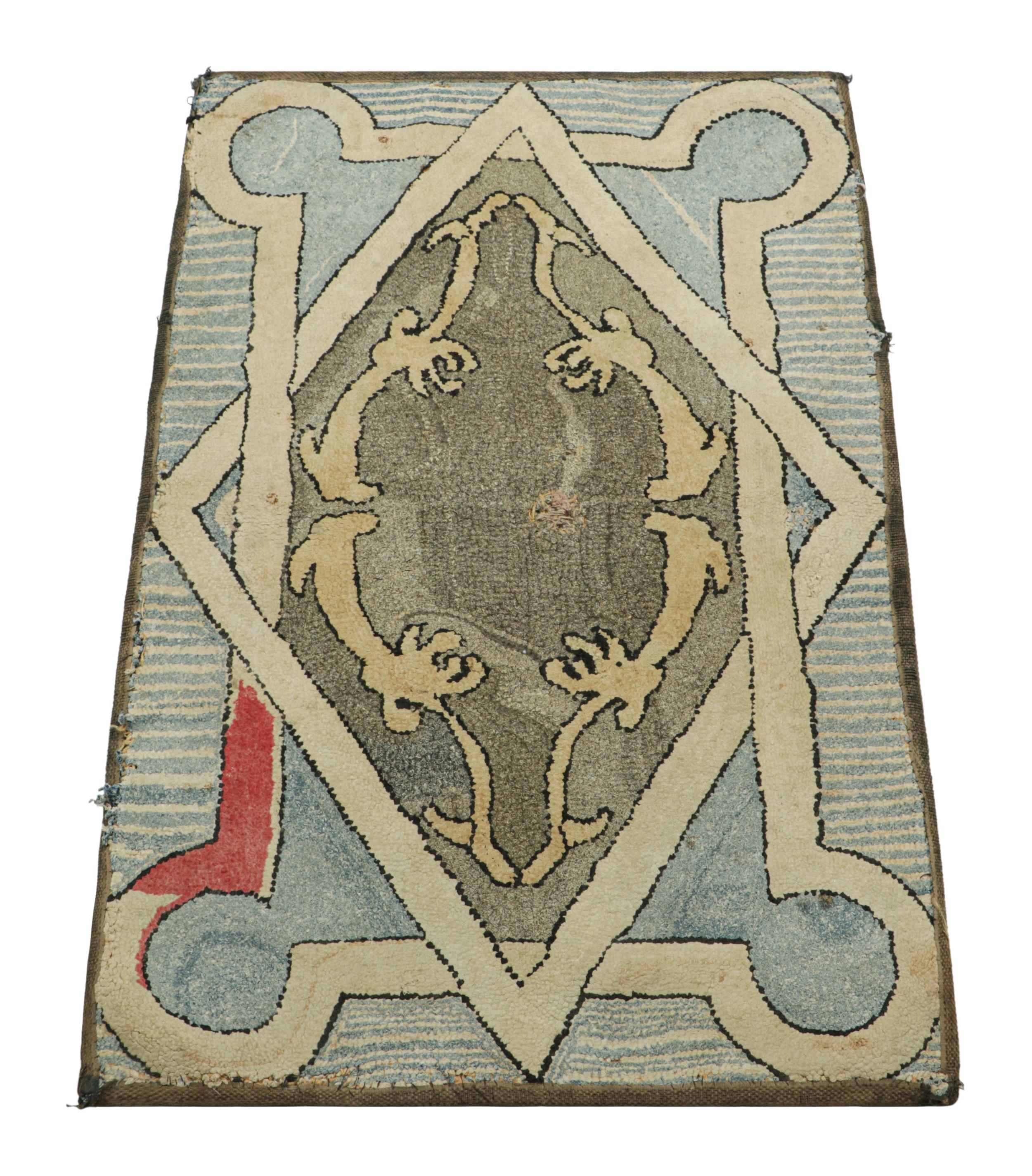 Antique Hooked Rug in Beige-Cream & Blue with Geometric Medallion  Rug & Kilim In Good Condition In Long Island City, NY