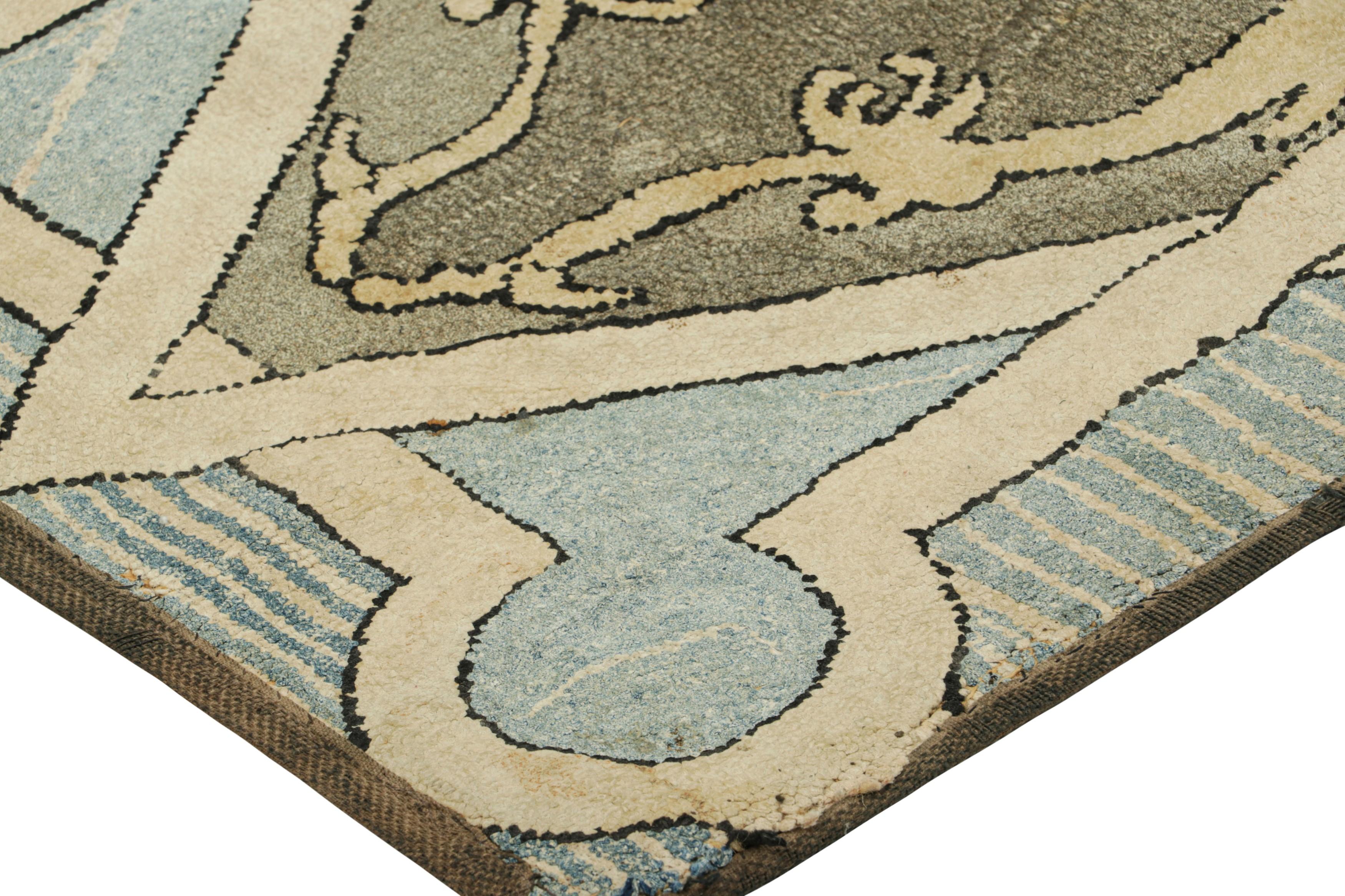 Early 20th Century Antique Hooked Rug in Beige-Cream & Blue with Geometric Medallion  Rug & Kilim