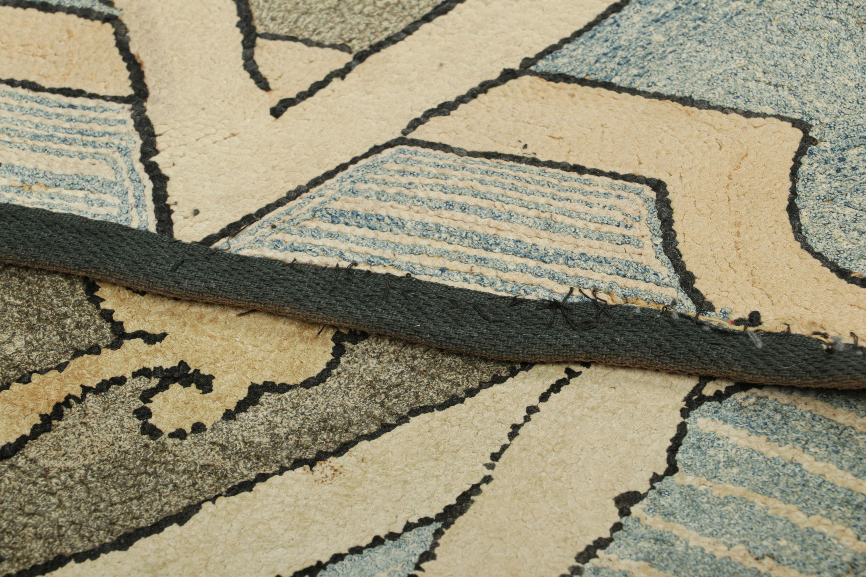 Wool Antique Hooked Rug in Beige-Cream & Blue with Geometric Medallion  Rug & Kilim