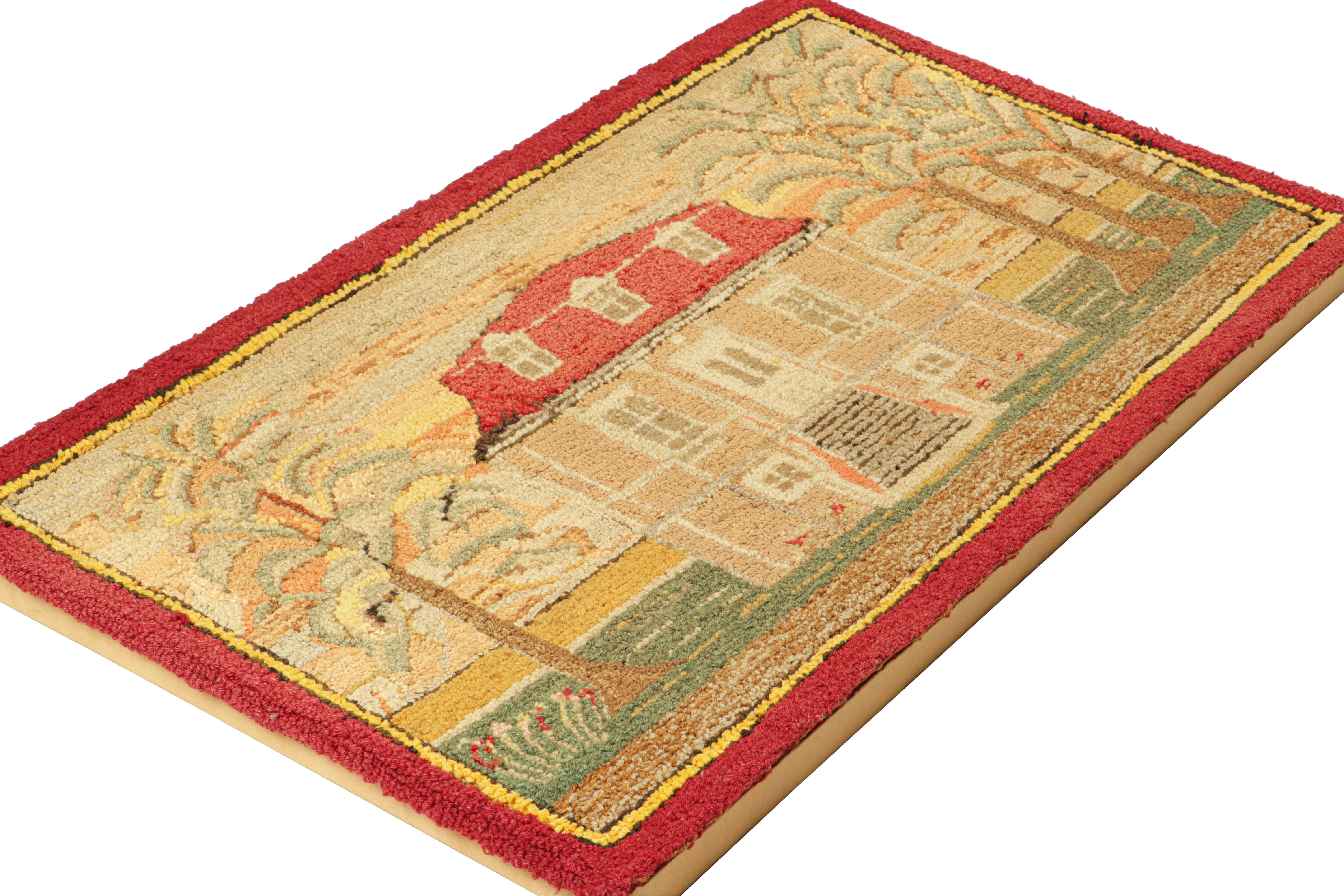 This 2x3 antique hooked rug is a delightful addition to Rug & Kilim's growing collection of rare and collectible works of the provenance—a charming example of early 20th century folk art from the United States, made with hand-hooked wool circa