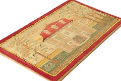 Antique Framed Hooked Rug, Beige with Country Home Pictorial - Rug & Kilim