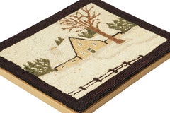 Antique Framed Hooked Rug, Country House Pictorial in White - Rug & Kilim