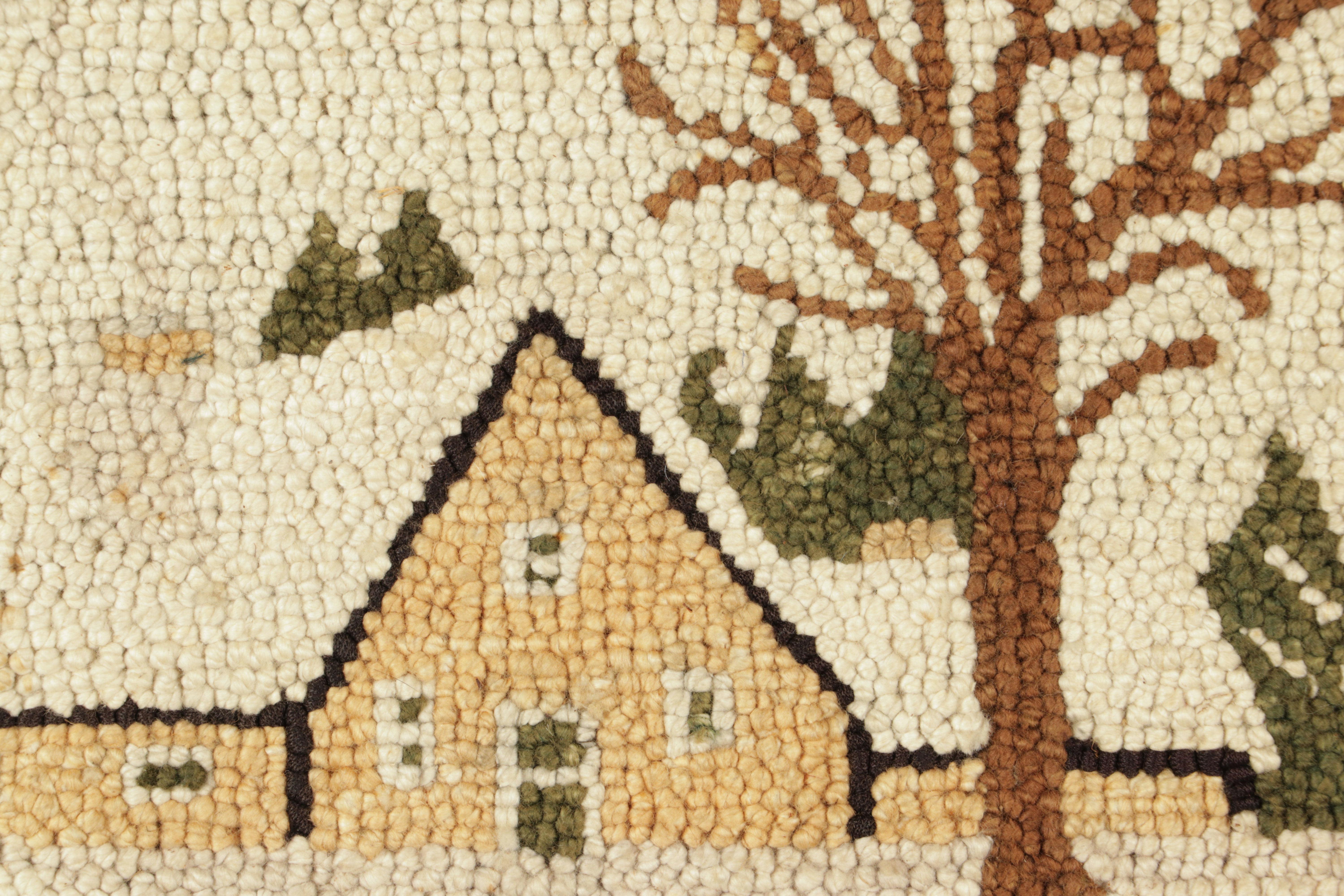 American Antique Hooked Rug in Beige-Cream Rural Life Pictorial - Rug & Kilim For Sale