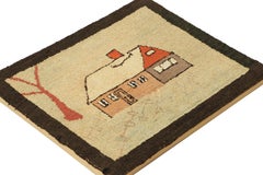 Antique Framed Square Hooked Rug, Bucolic House Pictorial in Cream - Rug & Kilim