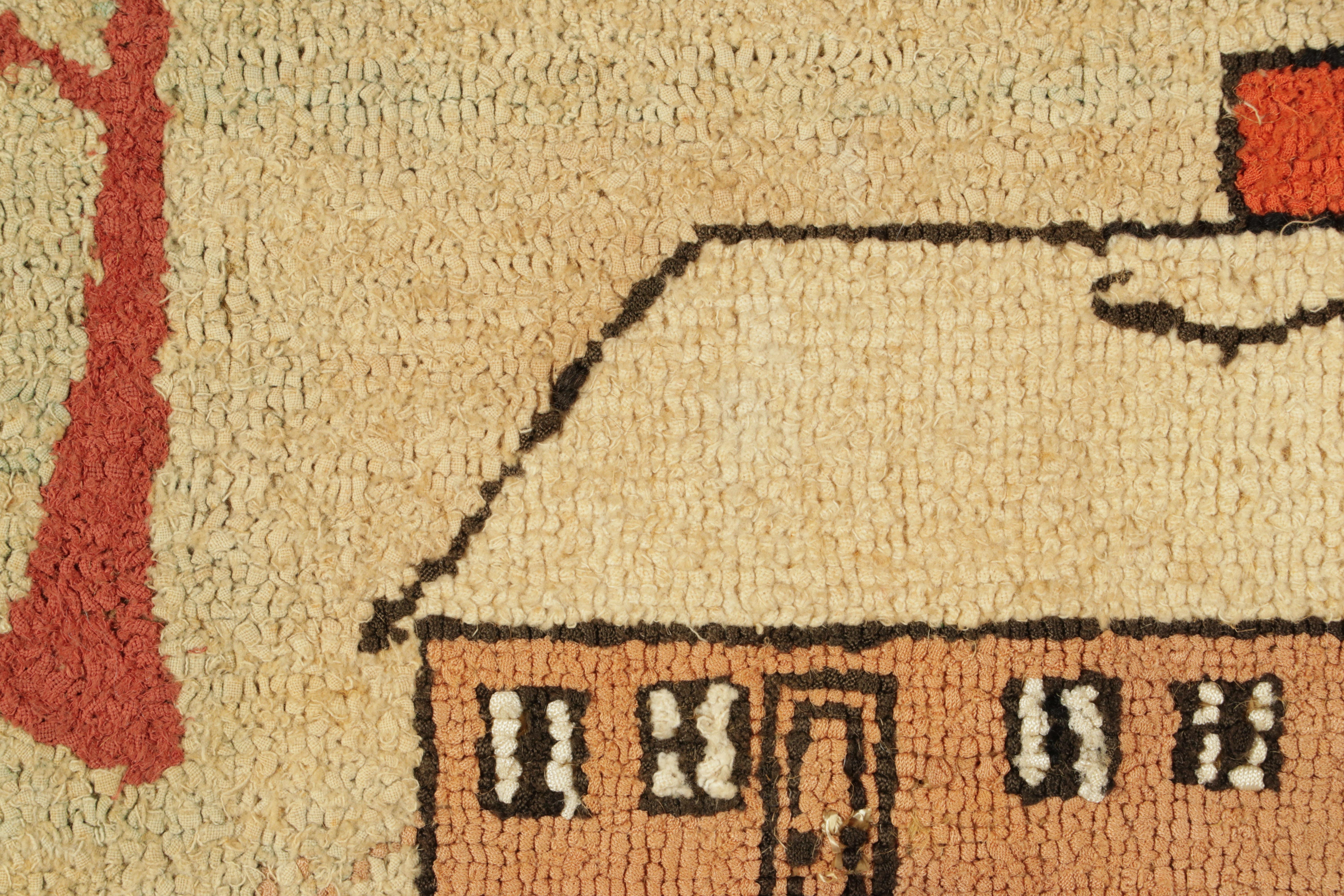 American Antique Hooked Rug in Beige-Cream with House Pictorial - Rug & Kilim For Sale