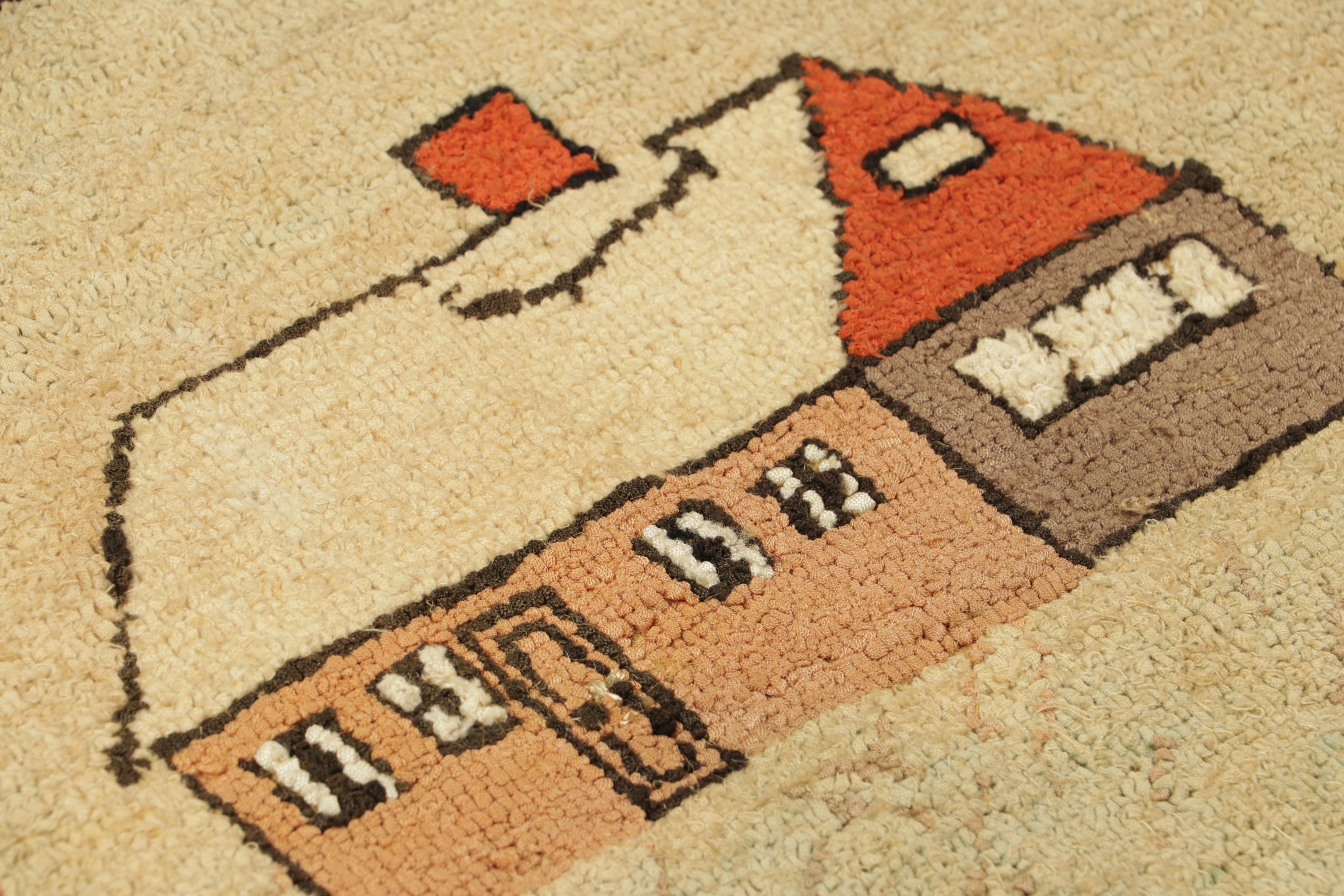 Hand-Knotted Antique Hooked Rug in Beige-Cream with House Pictorial - Rug & Kilim For Sale
