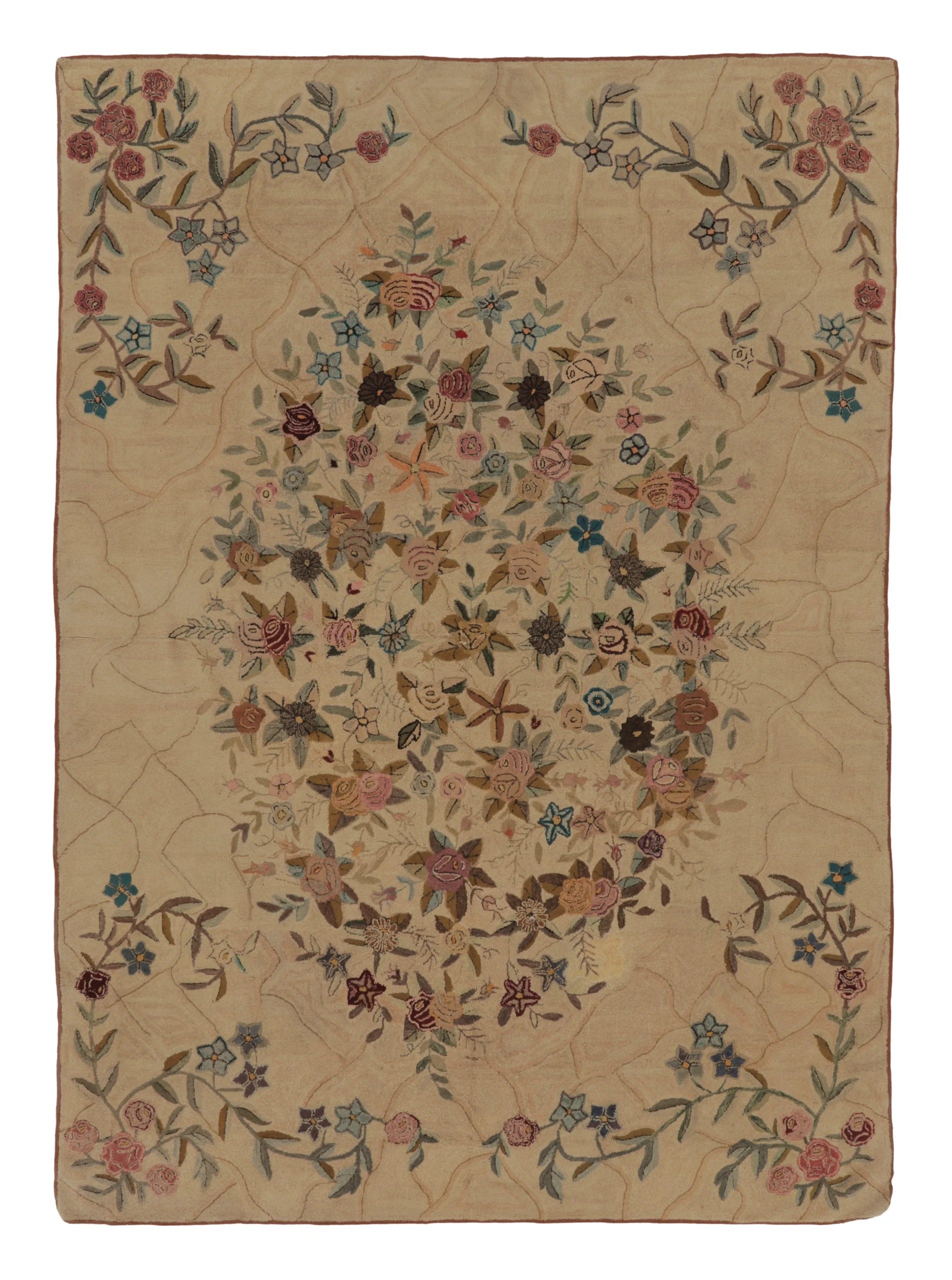 Antique Hooked Rug in Beige Ornate Floral Bouquet in Multicolor - Rug & Kilim