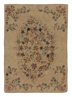 Antique Hooked Rug in Beige Ornate Floral Bouquet in Multicolor - Rug & Kilim
