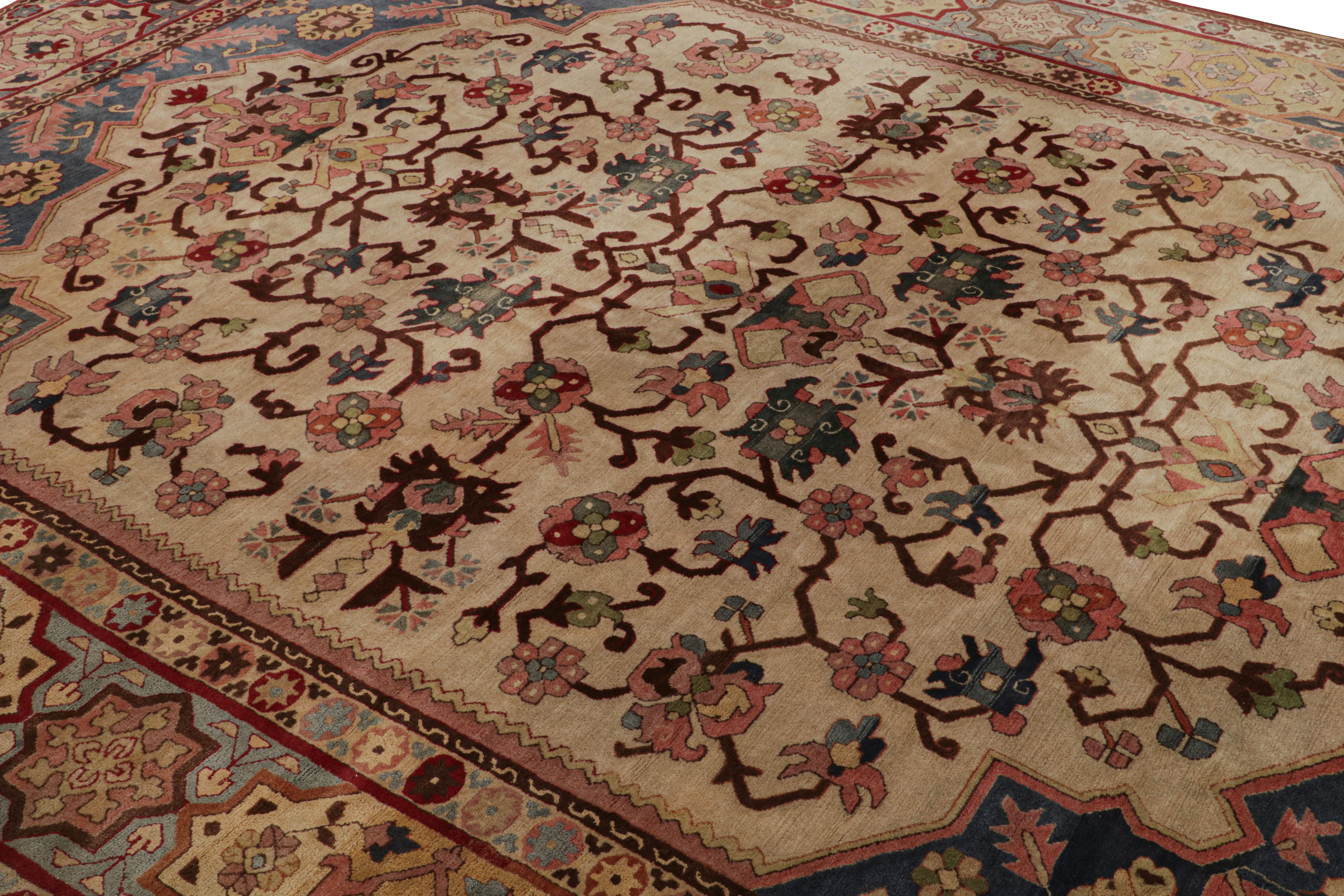 Hand-Knotted Antique Hooked Rug in Beige with Floral Patterns, from Rug & Kilim For Sale