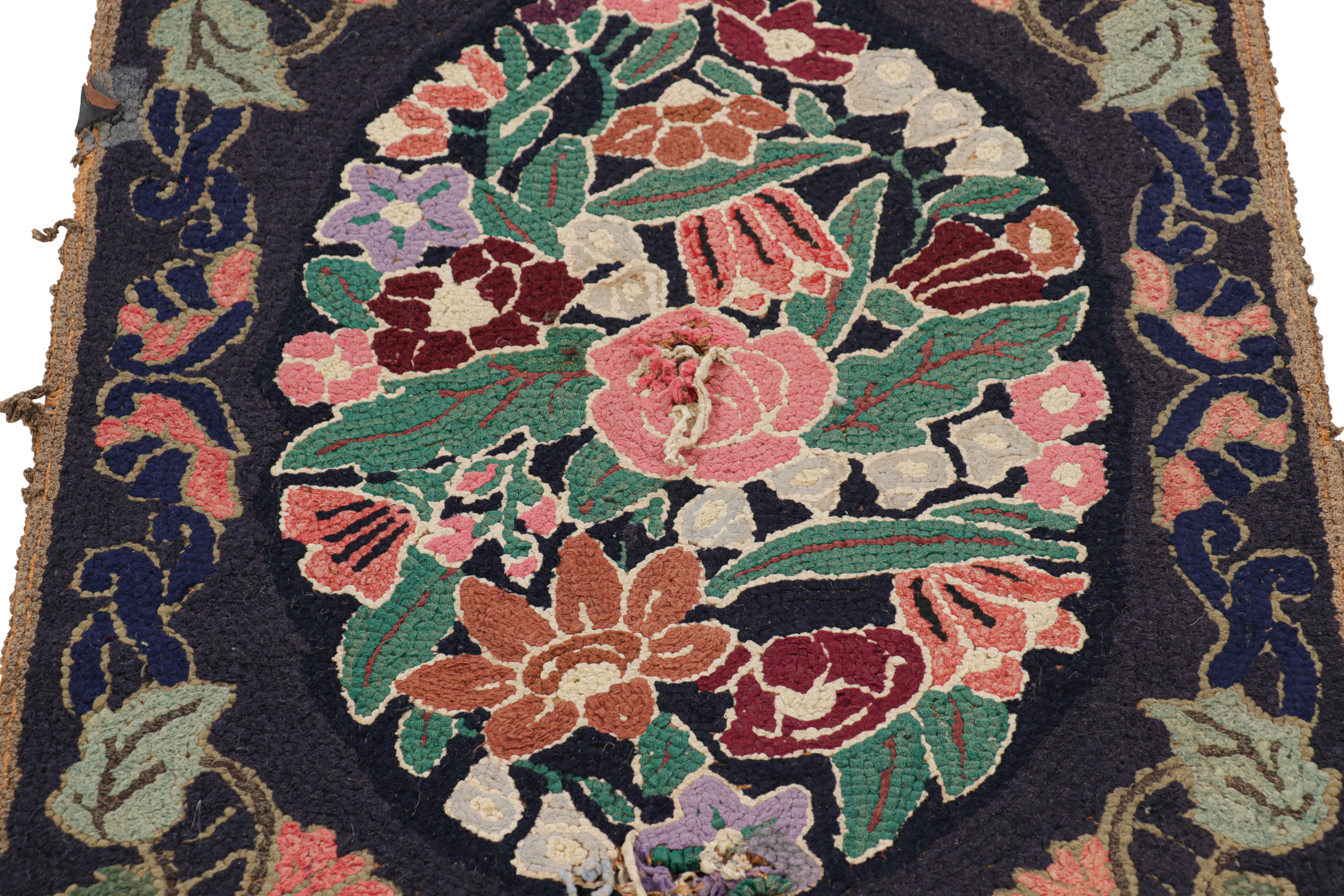 Handmade in wool and originating circa 1920-1930, this 2x3 rug is a rare and exciting new curation in Rug & Kilim’s collection of antique hooked rugs. 

On the Design: 

Admirers of the craft will appreciate this piece as one of the most beautiful