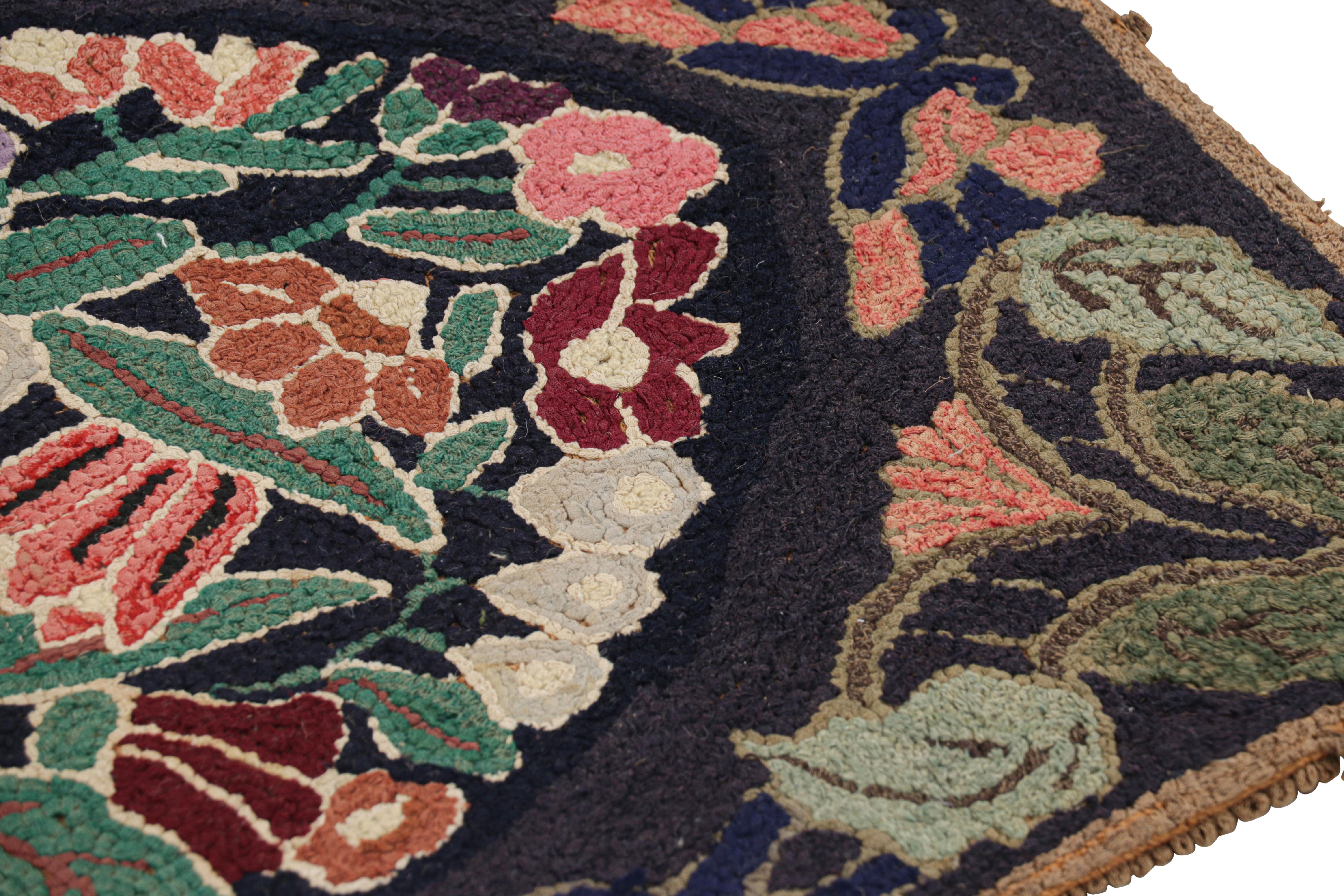American Antique Hooked Rug in Black with Floral Medallion & Patterns from Rug & Kilim For Sale