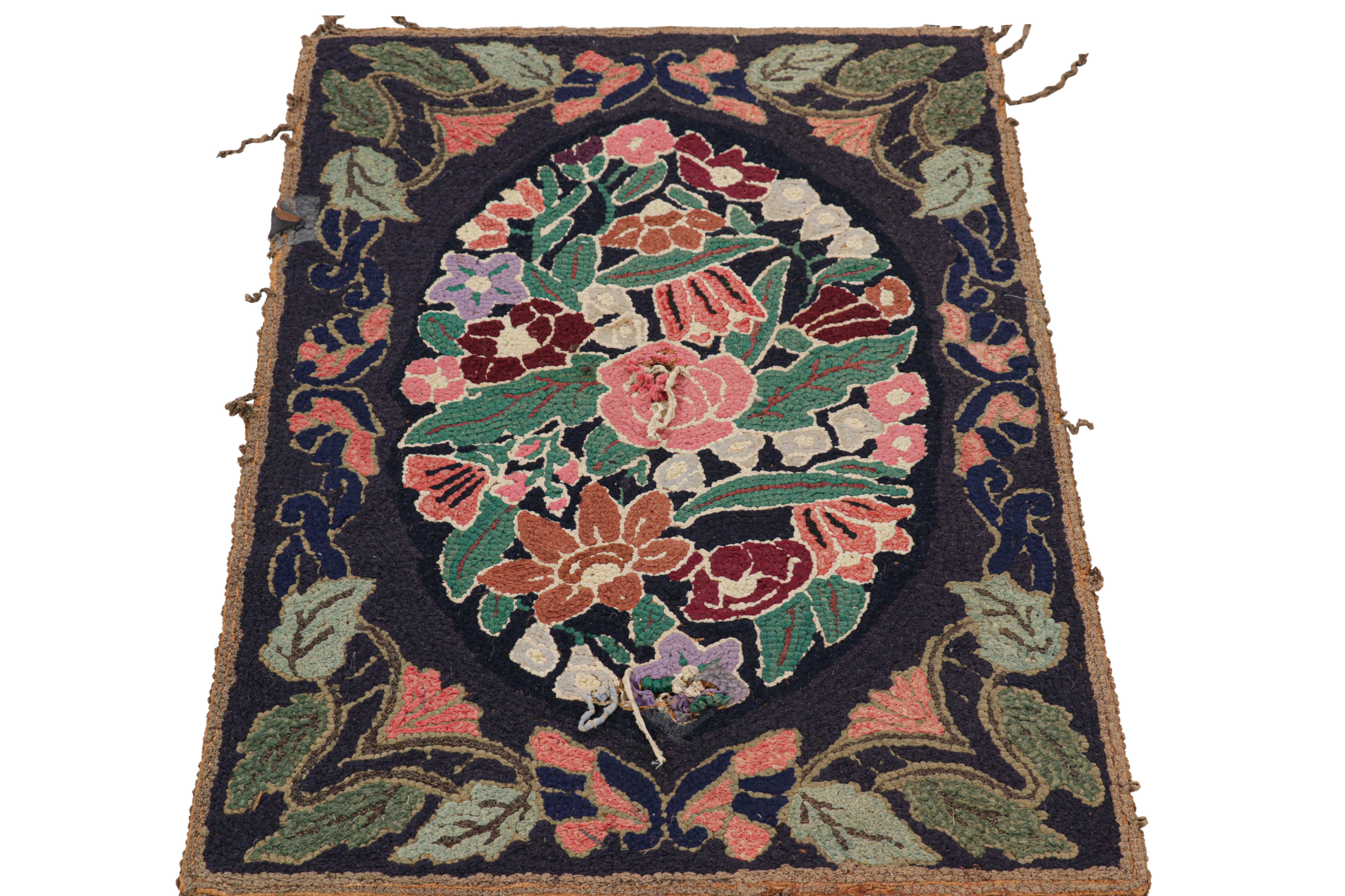 Hand-Knotted Antique Hooked Rug in Black with Floral Medallion & Patterns from Rug & Kilim For Sale