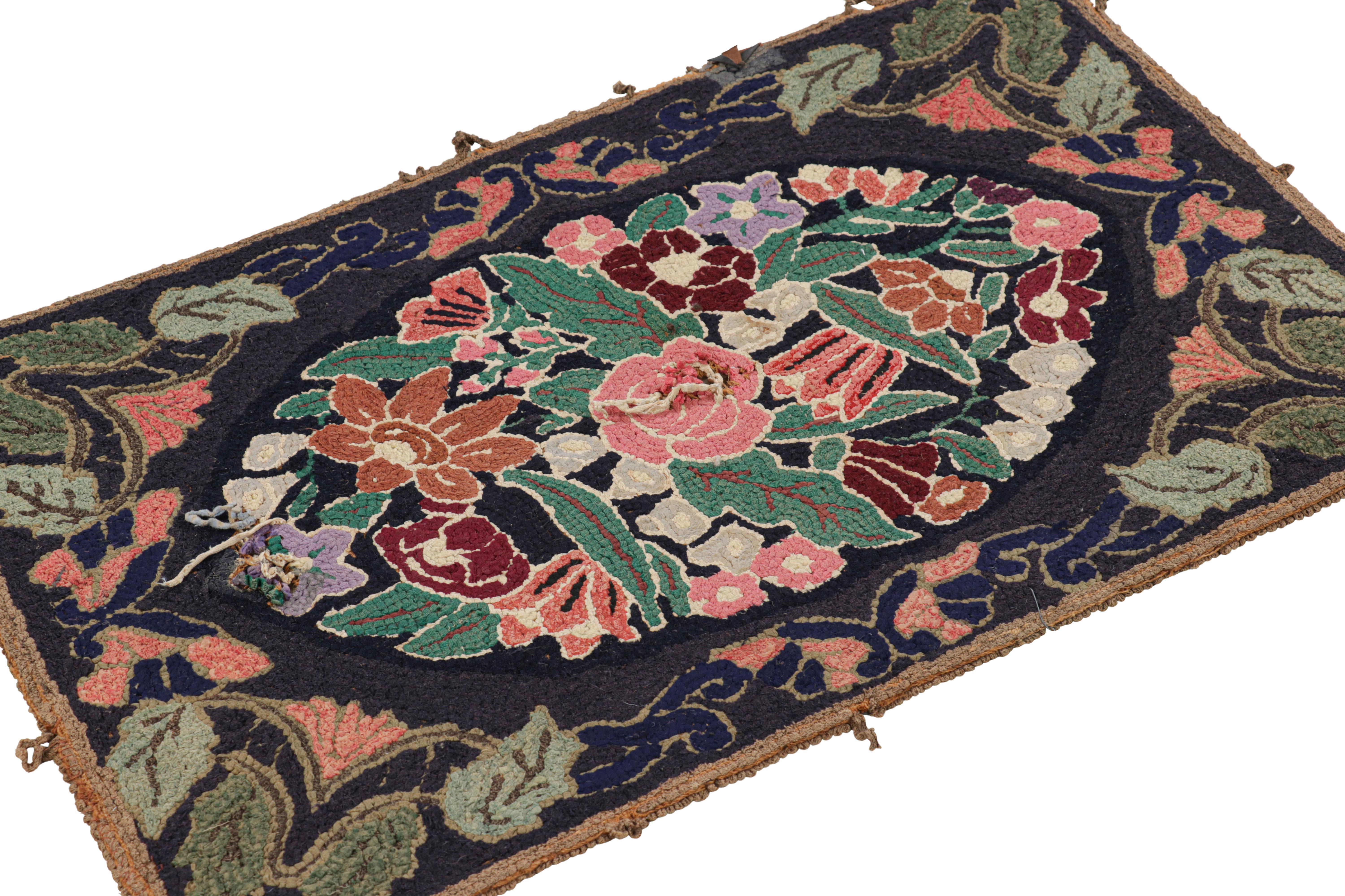 Antique Hooked Rug in Black with Floral Medallion & Patterns from Rug & Kilim In Good Condition For Sale In Long Island City, NY