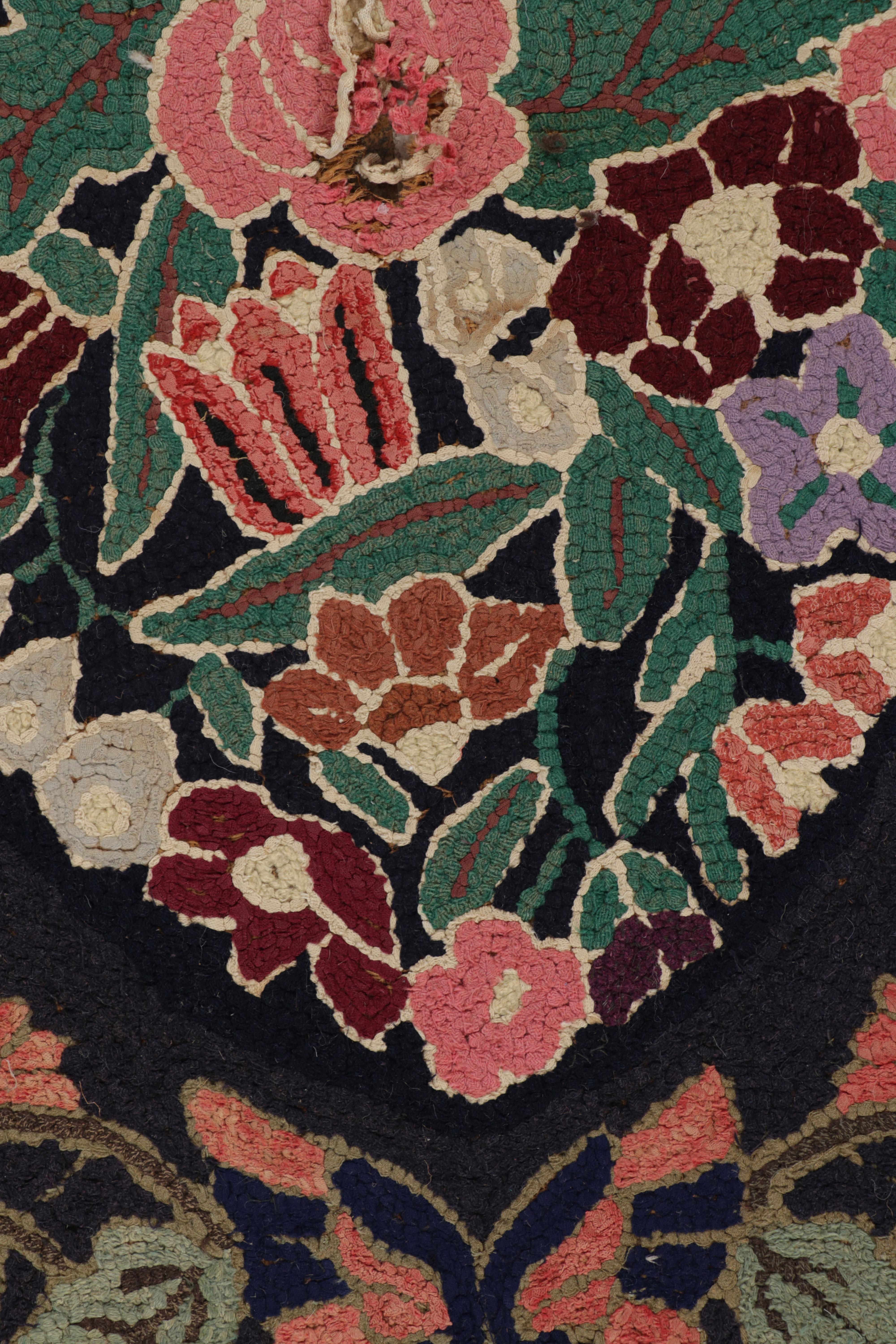 Early 20th Century Antique Hooked Rug in Black with Floral Medallion & Patterns from Rug & Kilim For Sale