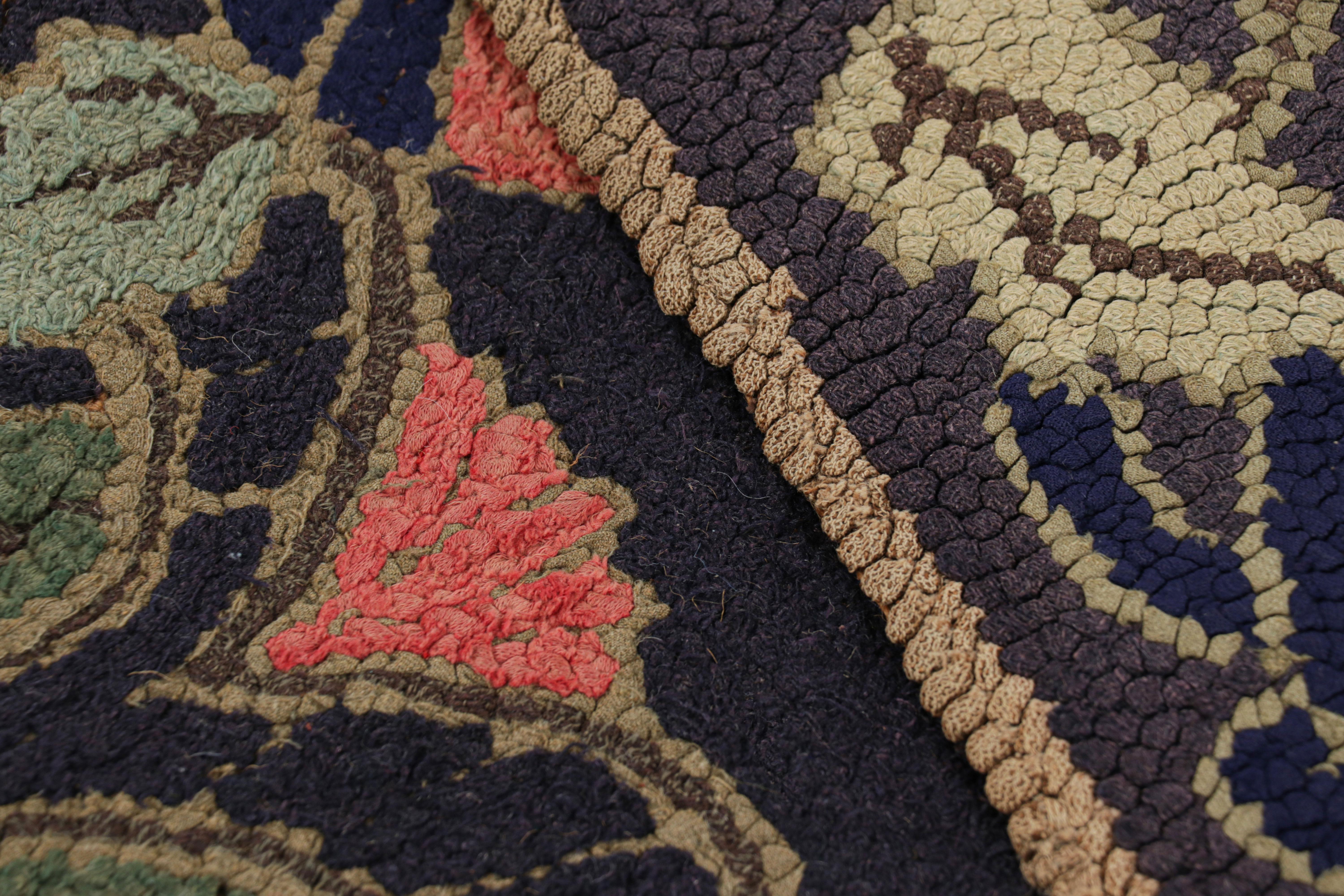 Wool Antique Hooked Rug in Black with Floral Medallion & Patterns from Rug & Kilim For Sale