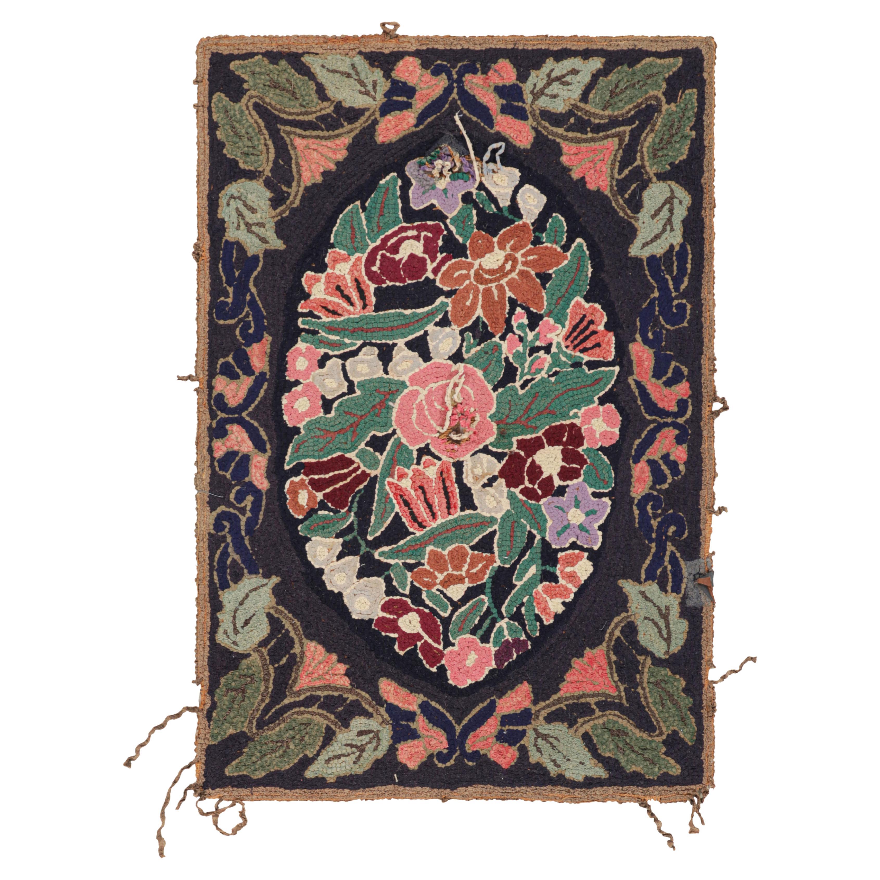 Antique Hooked Rug in Black with Floral Medallion & Patterns from Rug & Kilim