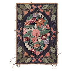 Antique Hooked Rug in Black with Floral Medallion & Patterns from Rug & Kilim