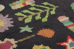 Antique Hooked Rug in Black with Polychromatic All Over Patterns  Rug & Kilim