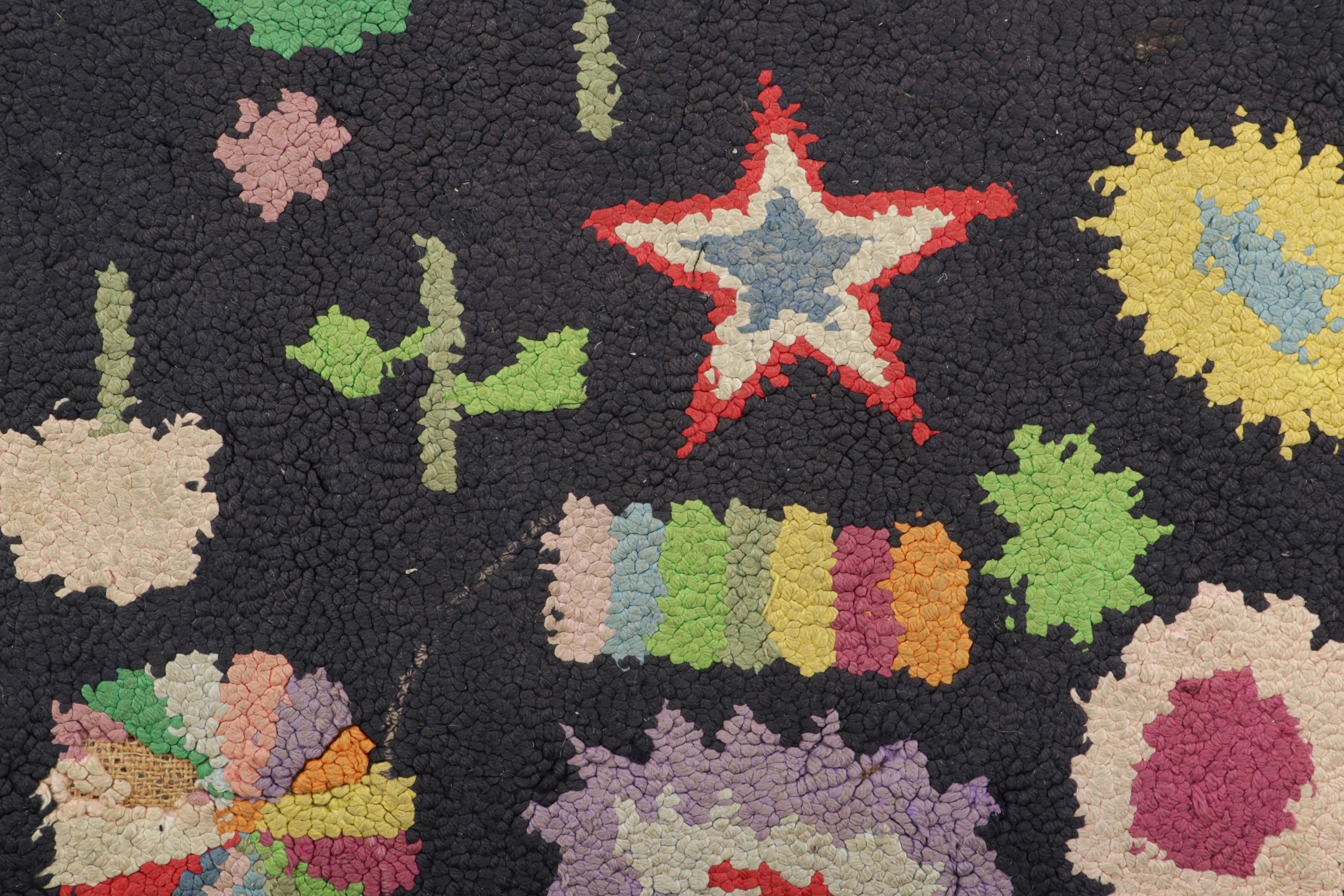 American Antique Hooked Rug in Black with Polychromatic All Over Patterns  Rug & Kilim For Sale