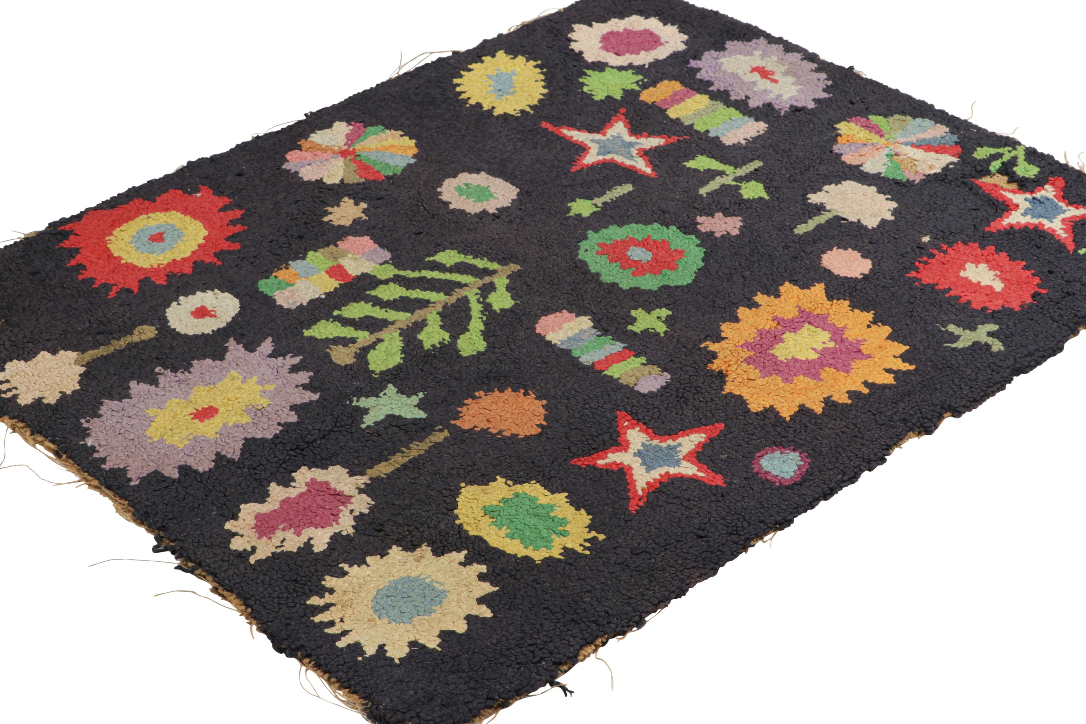 Hand-Knotted Antique Hooked Rug in Black with Polychromatic All Over Patterns  Rug & Kilim For Sale