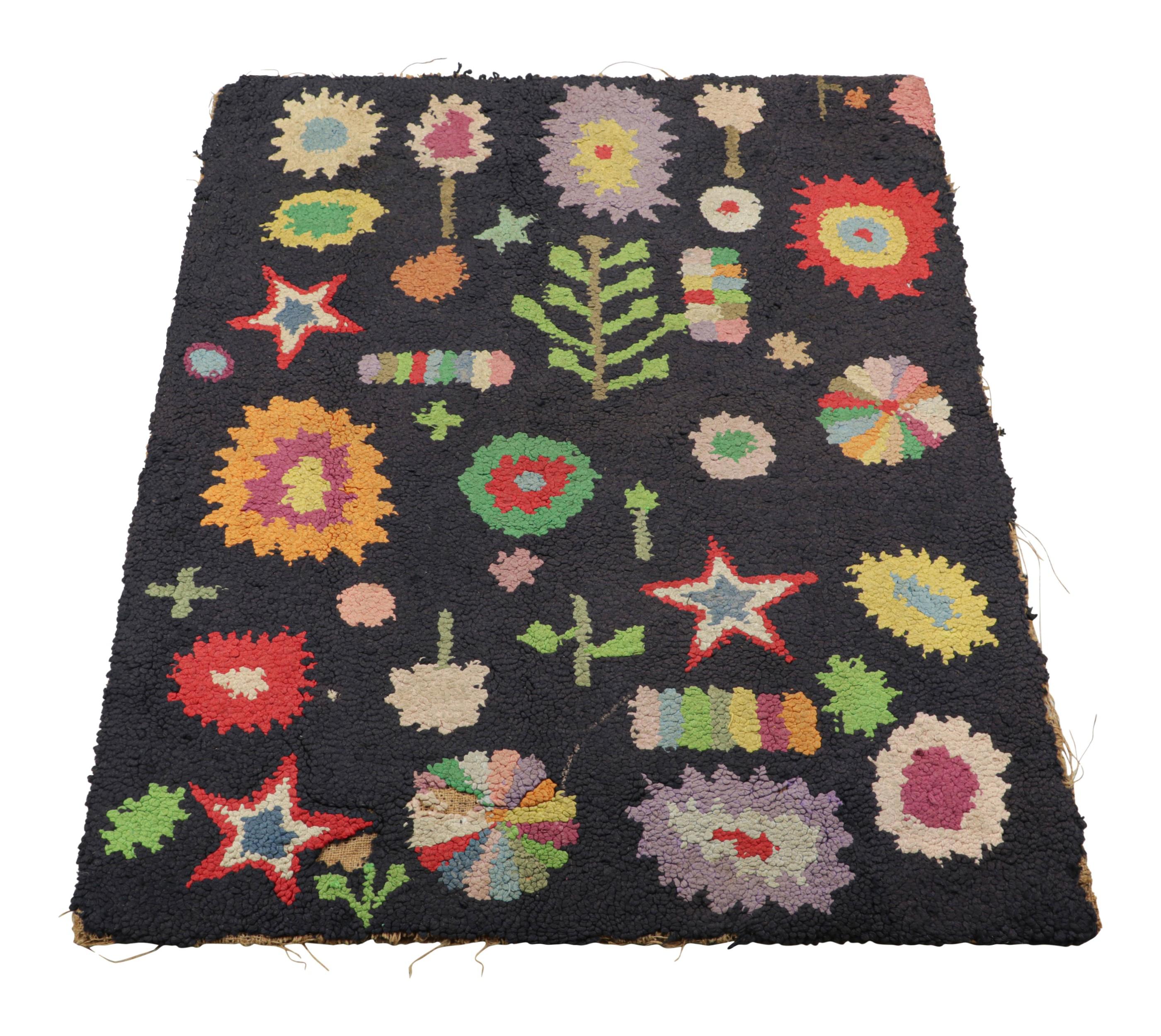 Antique Hooked Rug in Black with Polychromatic All Over Patterns  Rug & Kilim In Good Condition For Sale In Long Island City, NY