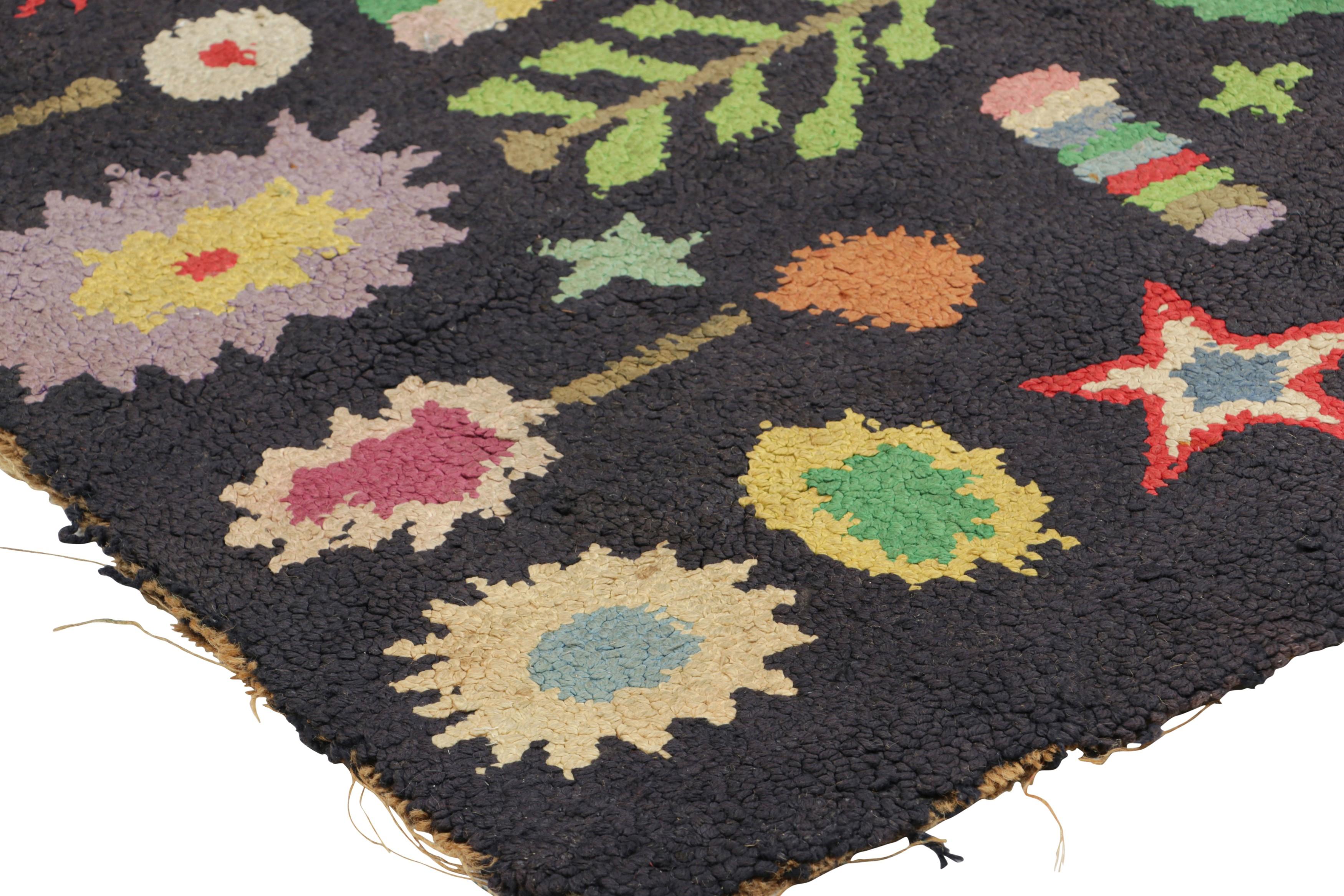 Early 20th Century Antique Hooked Rug in Black with Polychromatic All Over Patterns  Rug & Kilim For Sale