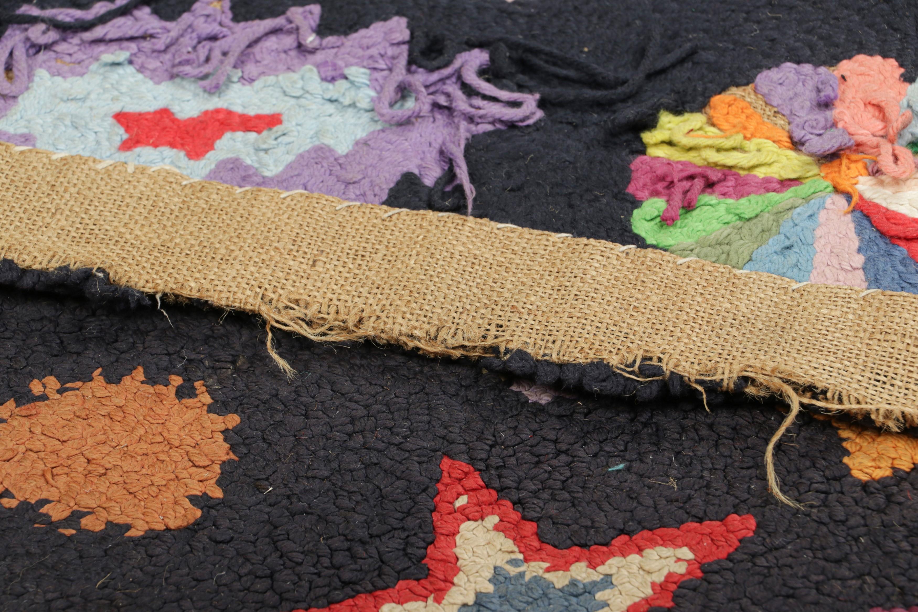 Wool Antique Hooked Rug in Black with Polychromatic All Over Patterns  Rug & Kilim For Sale