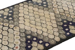 Antique Hooked Rug in Blue with Cream Geometric Patterns, from Rug & Kilim