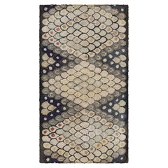 Antique Hooked Rug in Blue with Cream Geometric Patterns, from Rug & Kilim