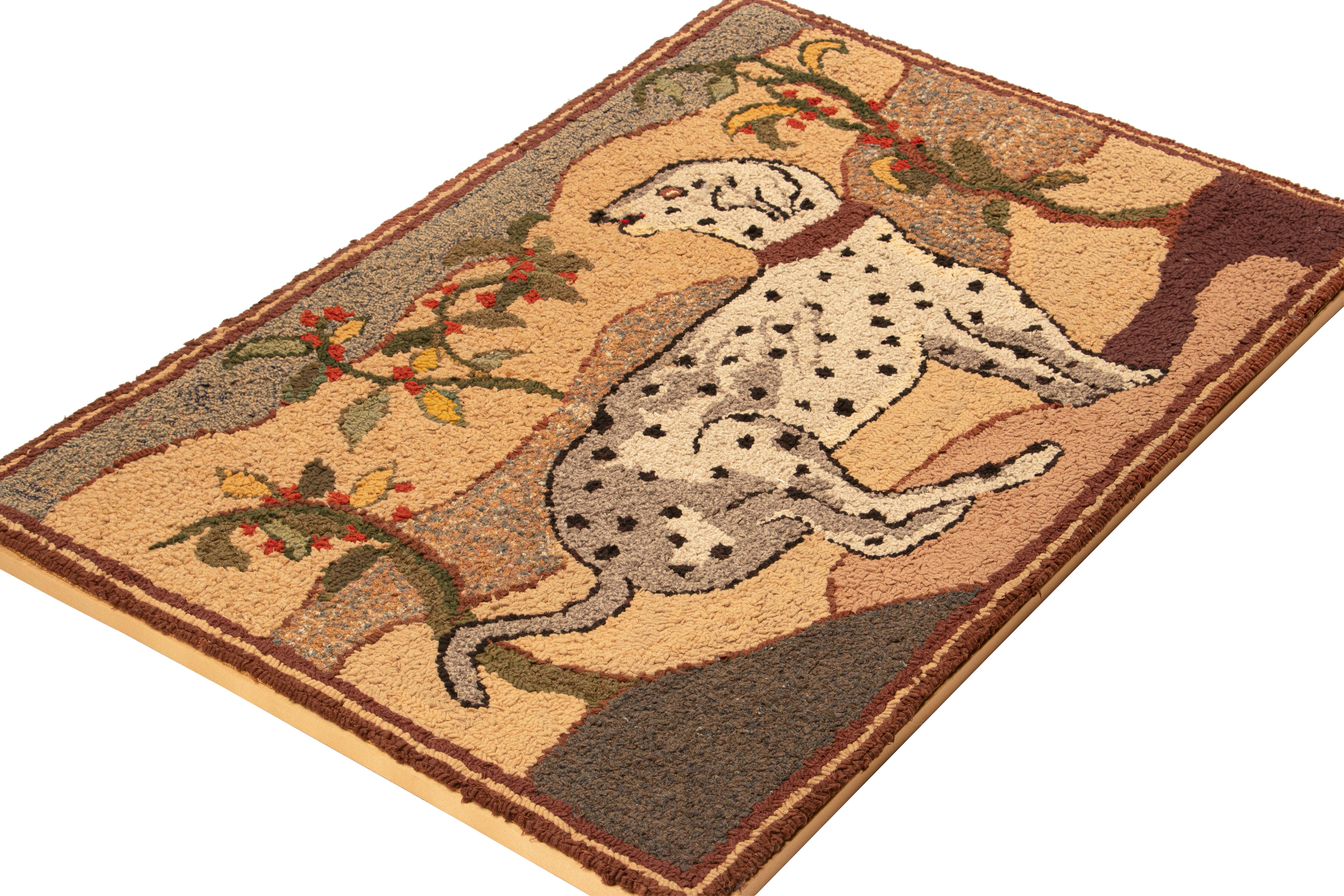 American Antique Hooked Rug in Brown with Dalmatian Dog Pictorial - Rug & Kilim