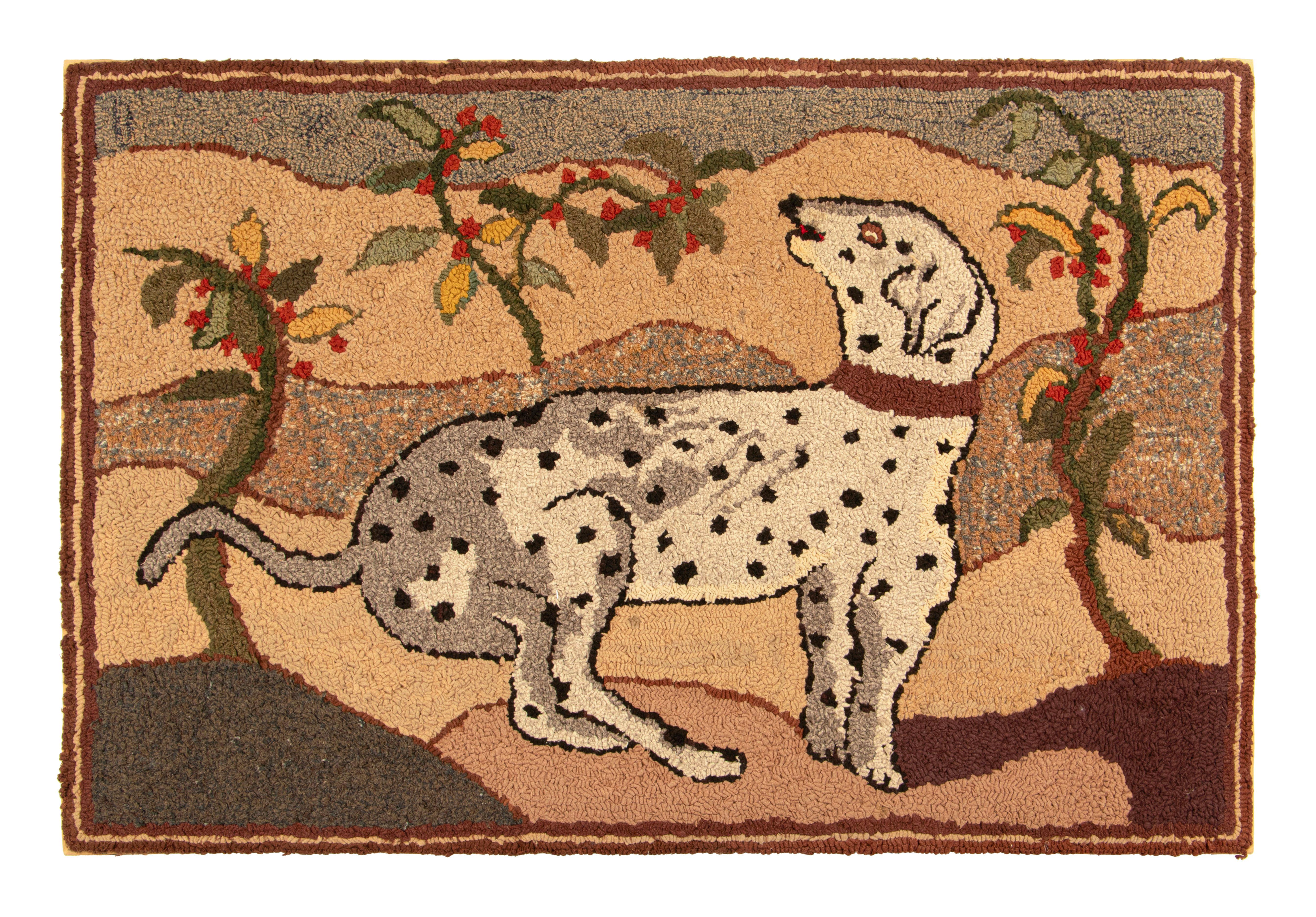 Hand-Knotted Antique Hooked Rug in Brown with Dalmatian Dog Pictorial - Rug & Kilim