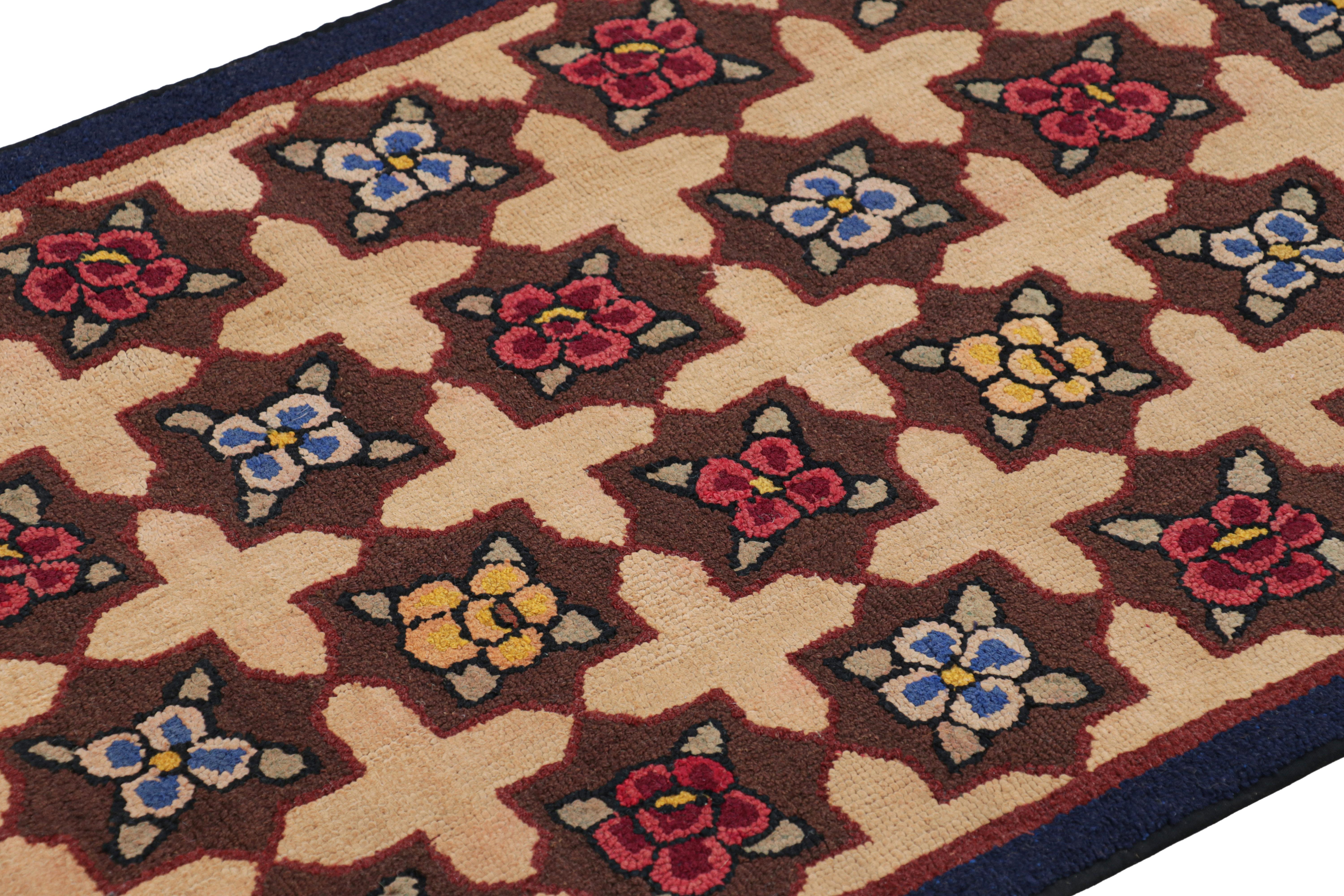 Handmade in wool and originating circa 1920-1930, this 2x4 rug is a rare and exciting new curation in Rug & Kilim’s collection of antique hooked rugs. 

On the Design: 

Admirers of the craft will appreciate this piece as one of the most spacious