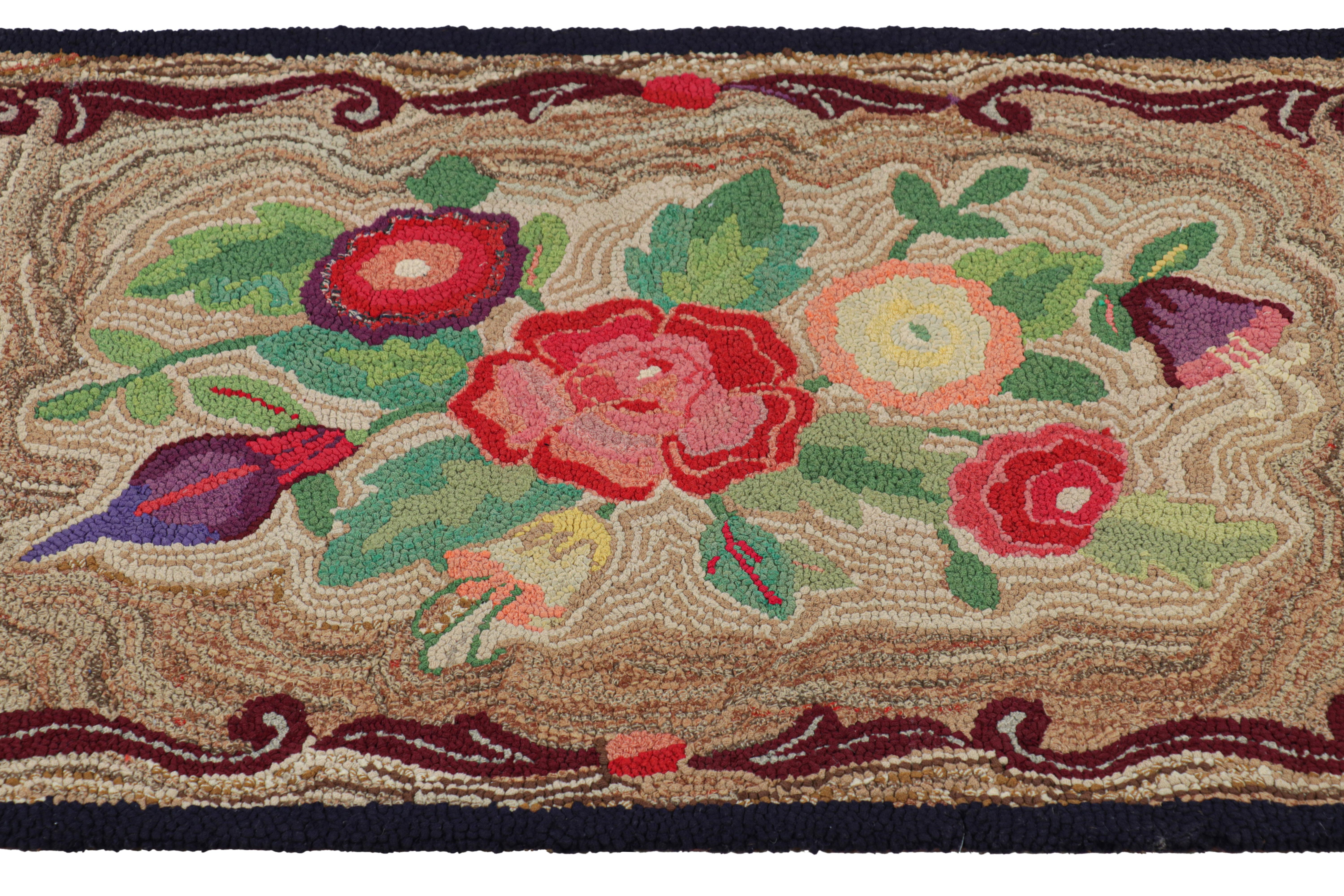 Handmade in wool and originating circa 1920-1930, this 2x3 rug is a rare and exciting new curation in Rug & Kilim’s collection of antique hooked rugs. 

On the Design: 

Admirers of the craft will appreciate this piece as one of the most beautiful